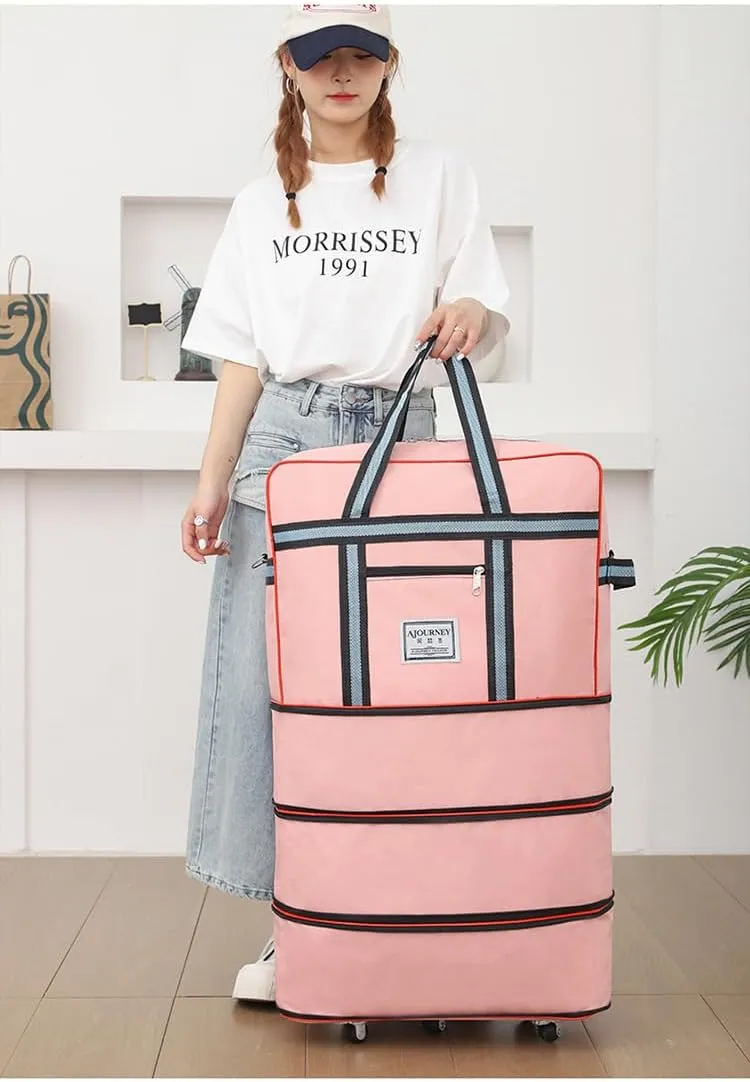 Expandable Extra Large Travel Oxford Duffel Bag with Wheels Waterproof Lightweight Traveling Foldable Suitcase (Black, L*W: 48 * 25cm, H:42—80cm)