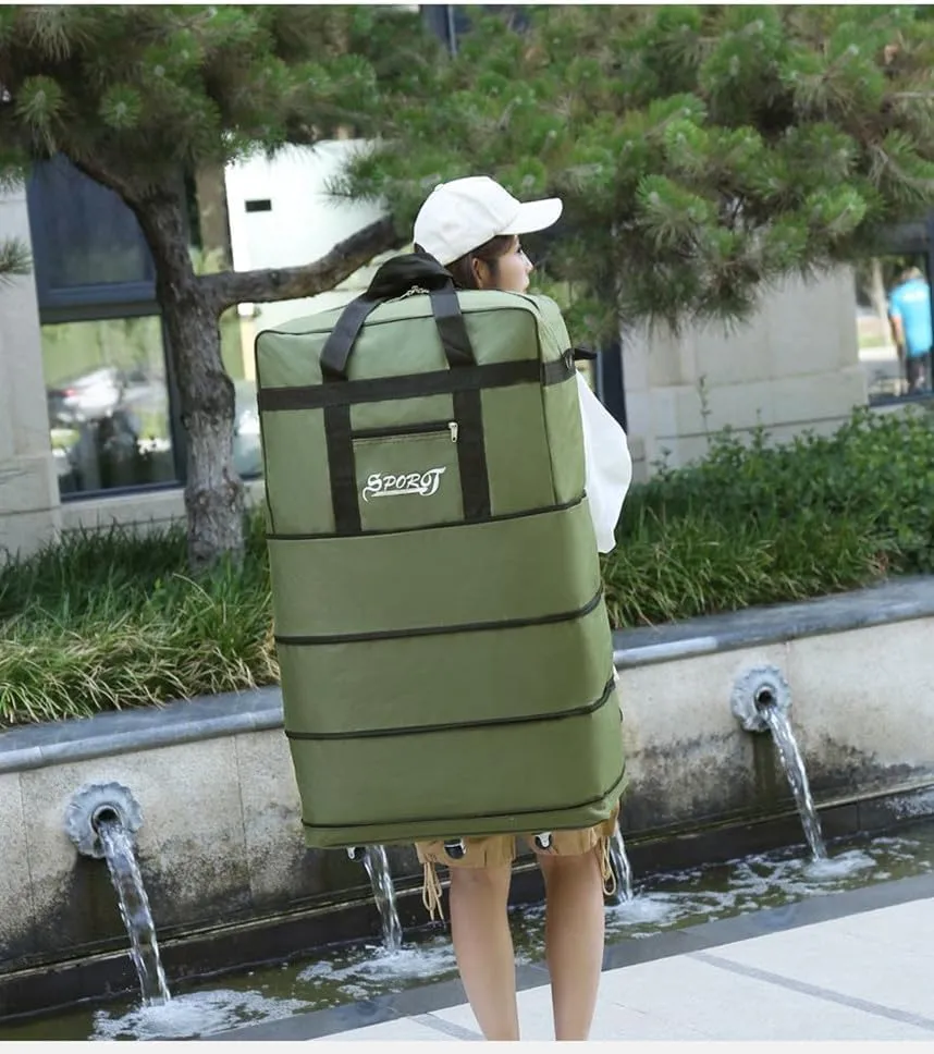 Expandable Extra Large Travel Oxford Duffel Bag with Wheels Waterproof Lightweight Traveling Foldable Suitcase (Brown, L - 6 wheels)
