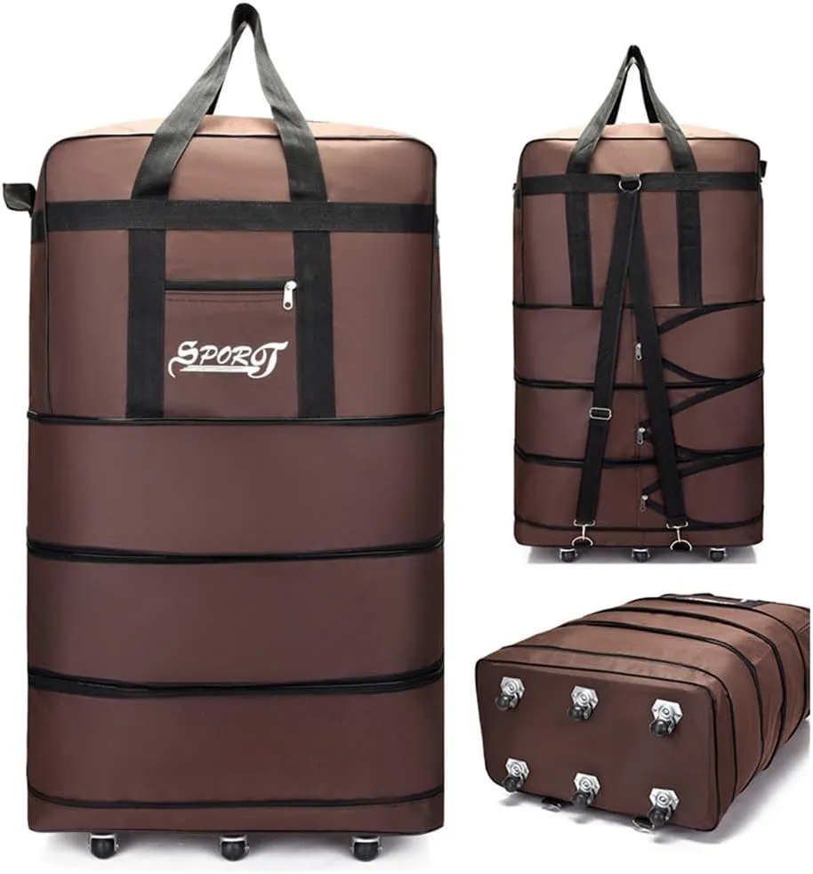 Expandable Extra Large Travel Oxford Duffel Bag with Wheels Waterproof Lightweight Traveling Foldable Suitcase (Brown, L - 6 wheels)