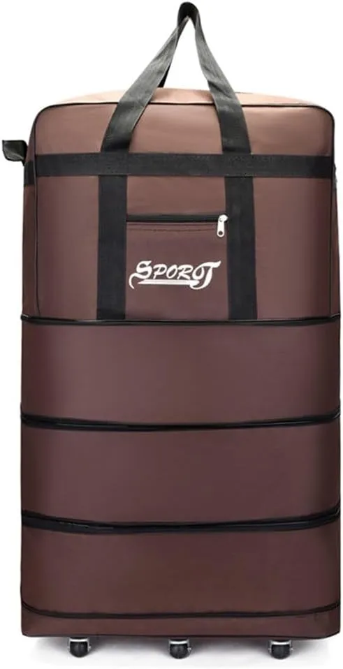 Expandable Extra Large Travel Oxford Duffel Bag with Wheels Waterproof Lightweight Traveling Foldable Suitcase (Brown, L - 6 wheels)
