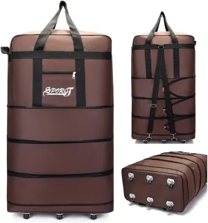 Expandable Extra Large Travel Oxford Duffel Bag with Wheels Waterproof Lightweight Traveling Foldable Suitcase (Brown, L - 6 wheels)