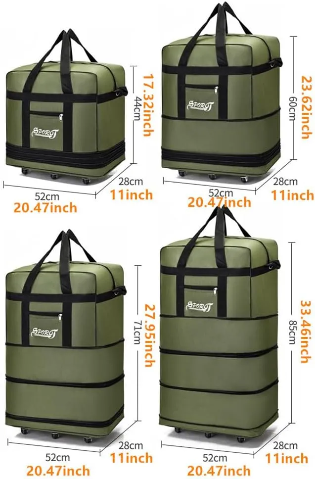 Expandable Extra Large Travel Oxford Duffel Bag with Wheels Waterproof Lightweight Traveling Foldable Suitcase (Brown, L - 6 wheels)