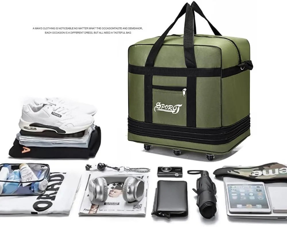 Expandable Extra Large Travel Oxford Duffel Bag with Wheels Waterproof Lightweight Traveling Foldable Suitcase (Green, L - 6 wheels)
