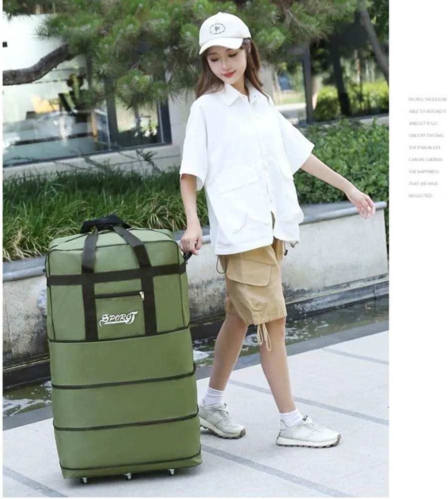 Expandable Extra Large Travel Oxford Duffel Bag with Wheels Waterproof Lightweight Traveling Foldable Suitcase (Green, L - 6 wheels)