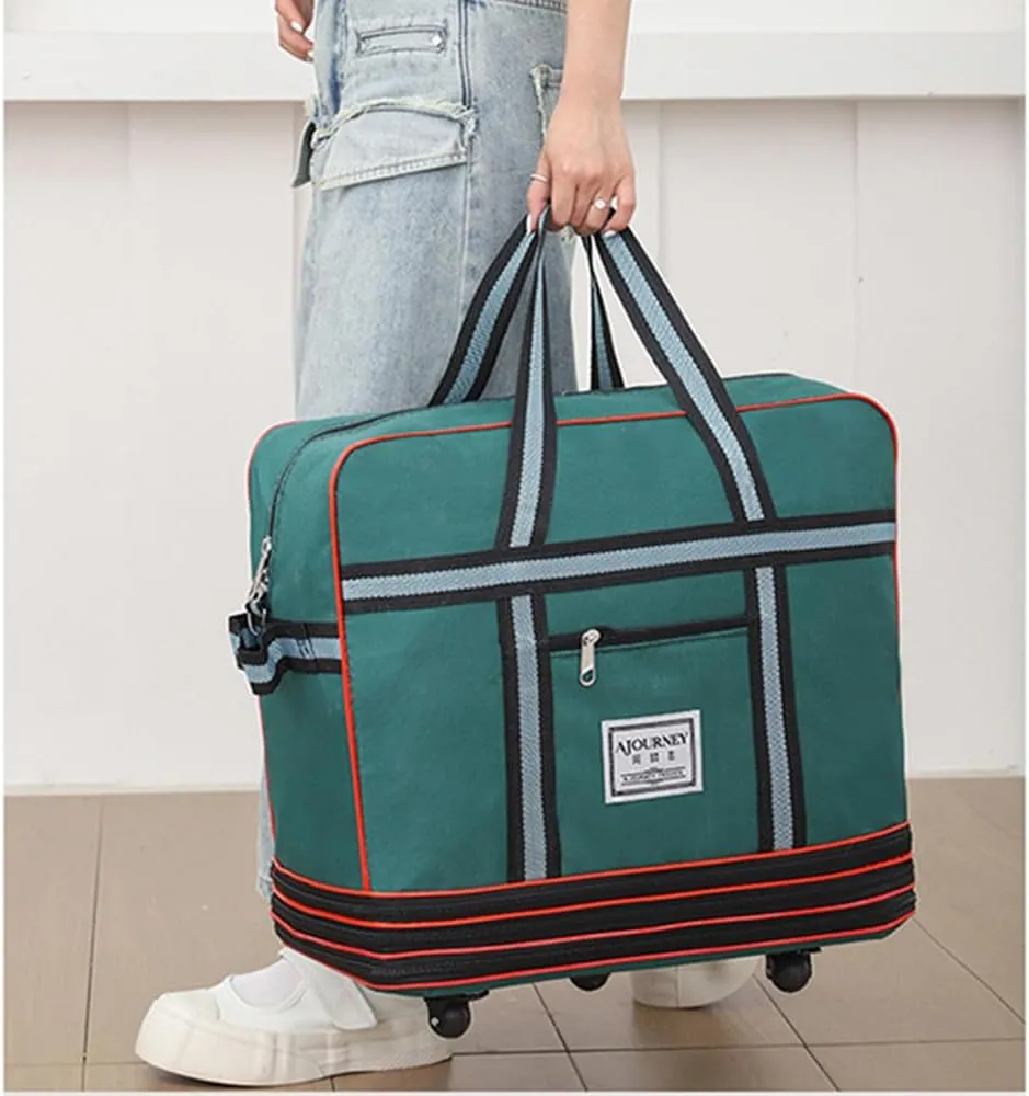 Expandable Extra Large Travel Oxford Duffel Bag with Wheels Waterproof Lightweight Traveling Foldable Suitcase (Green)