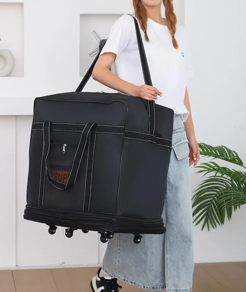 Expandable Extra Large Travel Oxford Duffel Bag with Wheels Waterproof Lightweight Traveling Foldable Suitcase (L, Black)