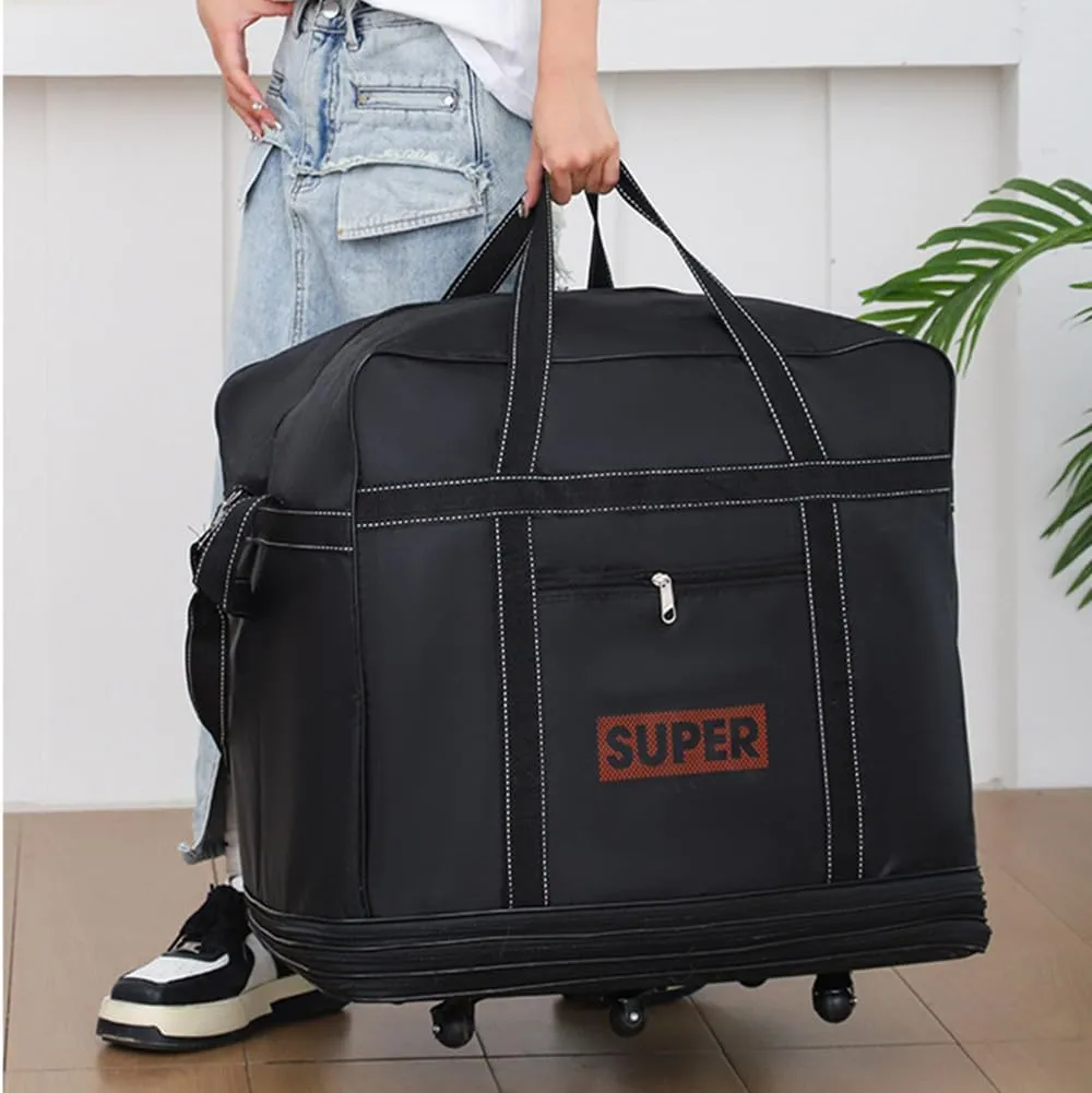 Expandable Extra Large Travel Oxford Duffel Bag with Wheels Waterproof Lightweight Traveling Foldable Suitcase (L, Black)