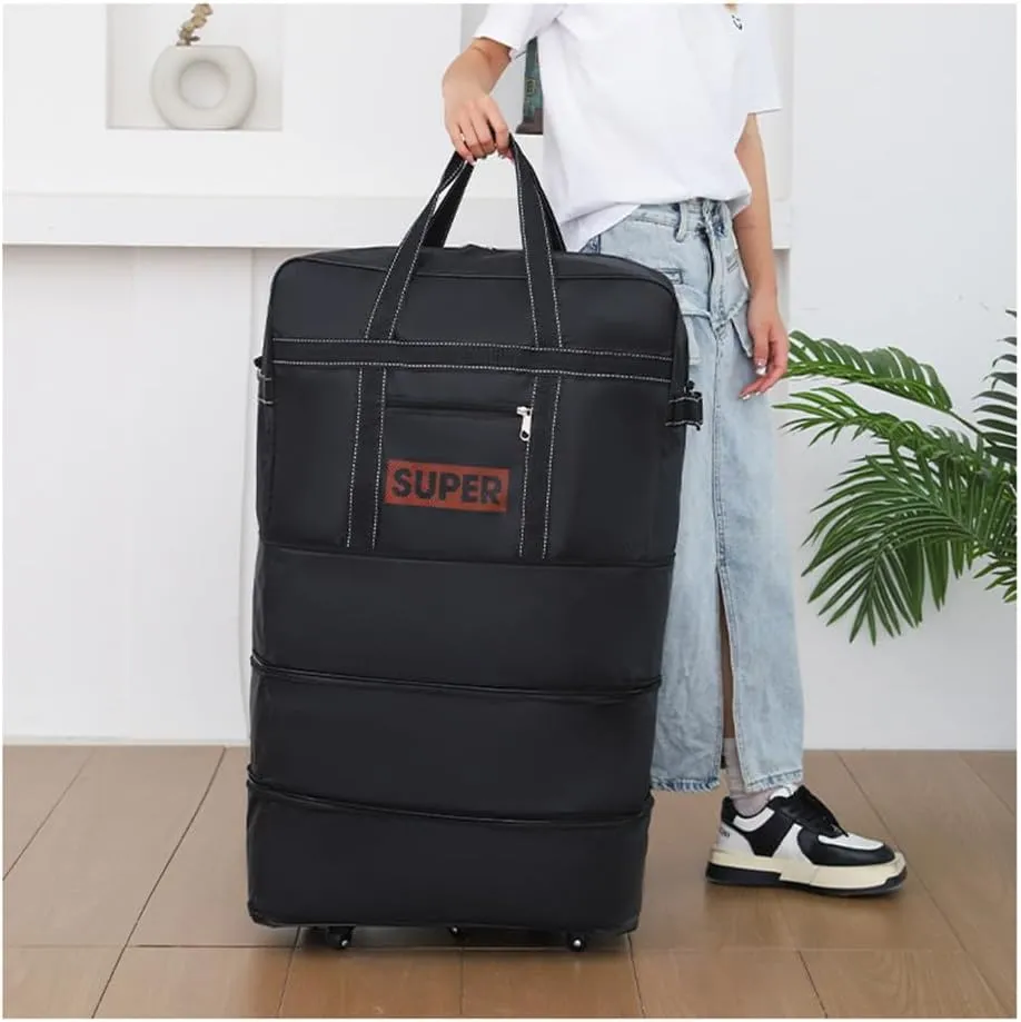 Expandable Extra Large Travel Oxford Duffel Bag with Wheels Waterproof Lightweight Traveling Foldable Suitcase (L, Black)