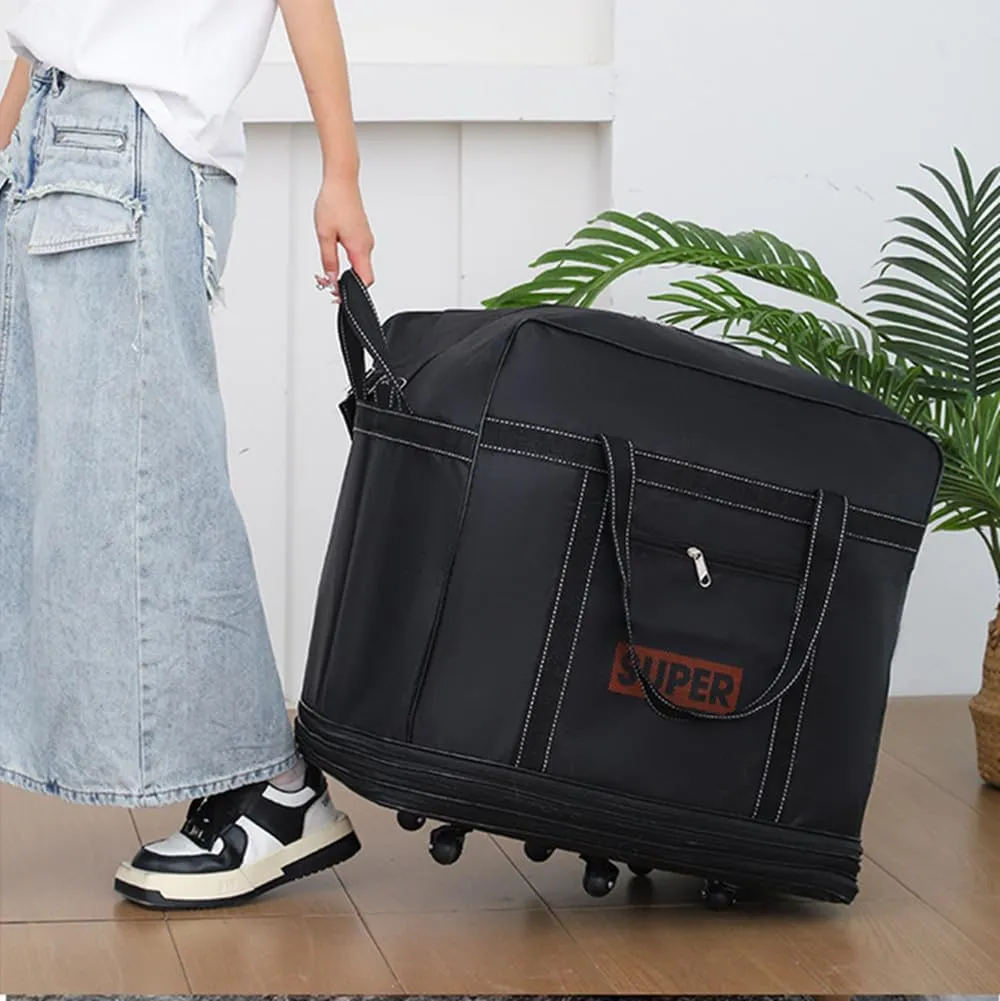 Expandable Extra Large Travel Oxford Duffel Bag with Wheels Waterproof Lightweight Traveling Foldable Suitcase (L, Black)