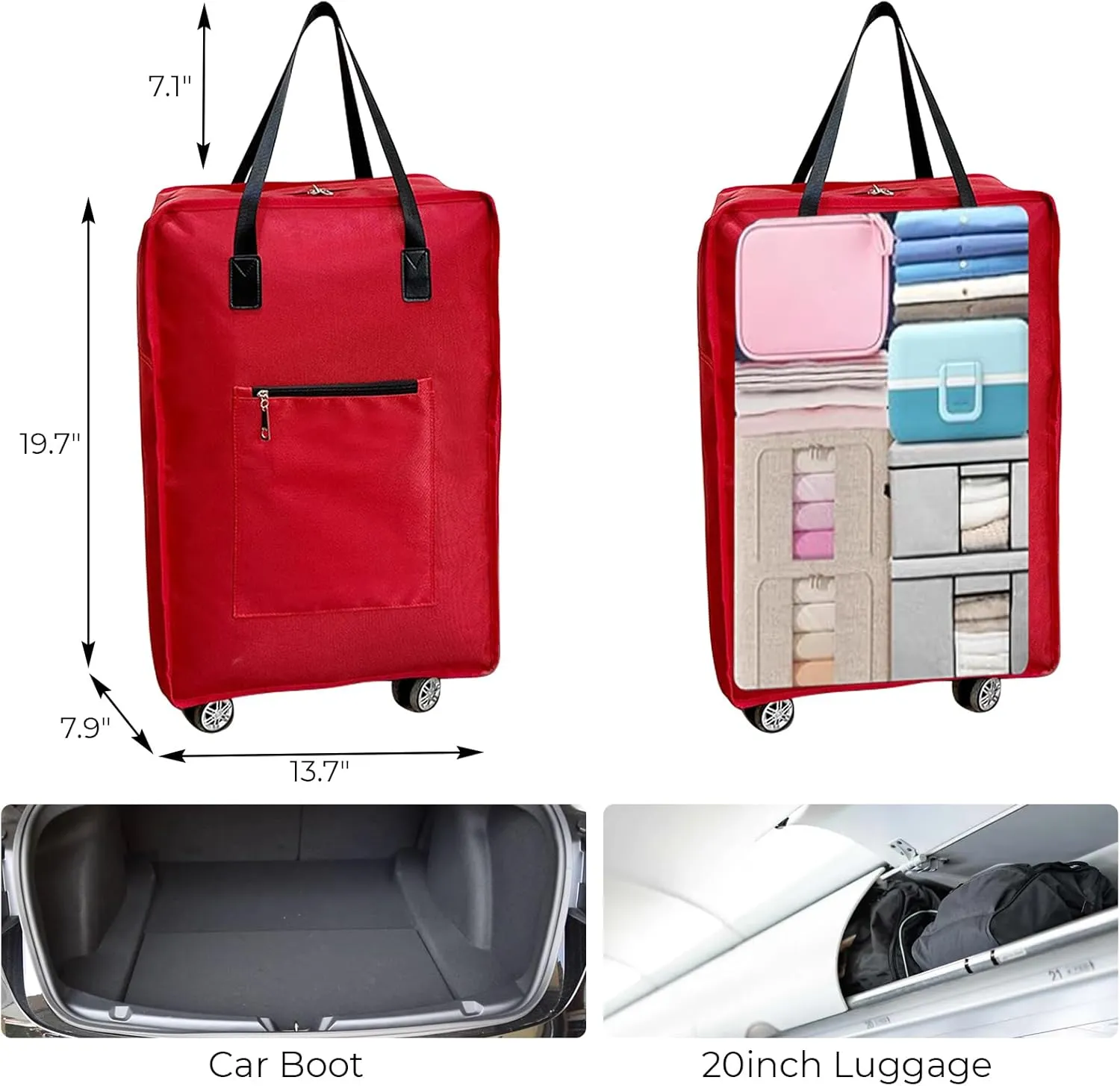Expandable Foldable Duffel Bag with Wheels Rolling Duffle Bag Luggage Bag Carry on Bag Lightweight Suitcases, Red