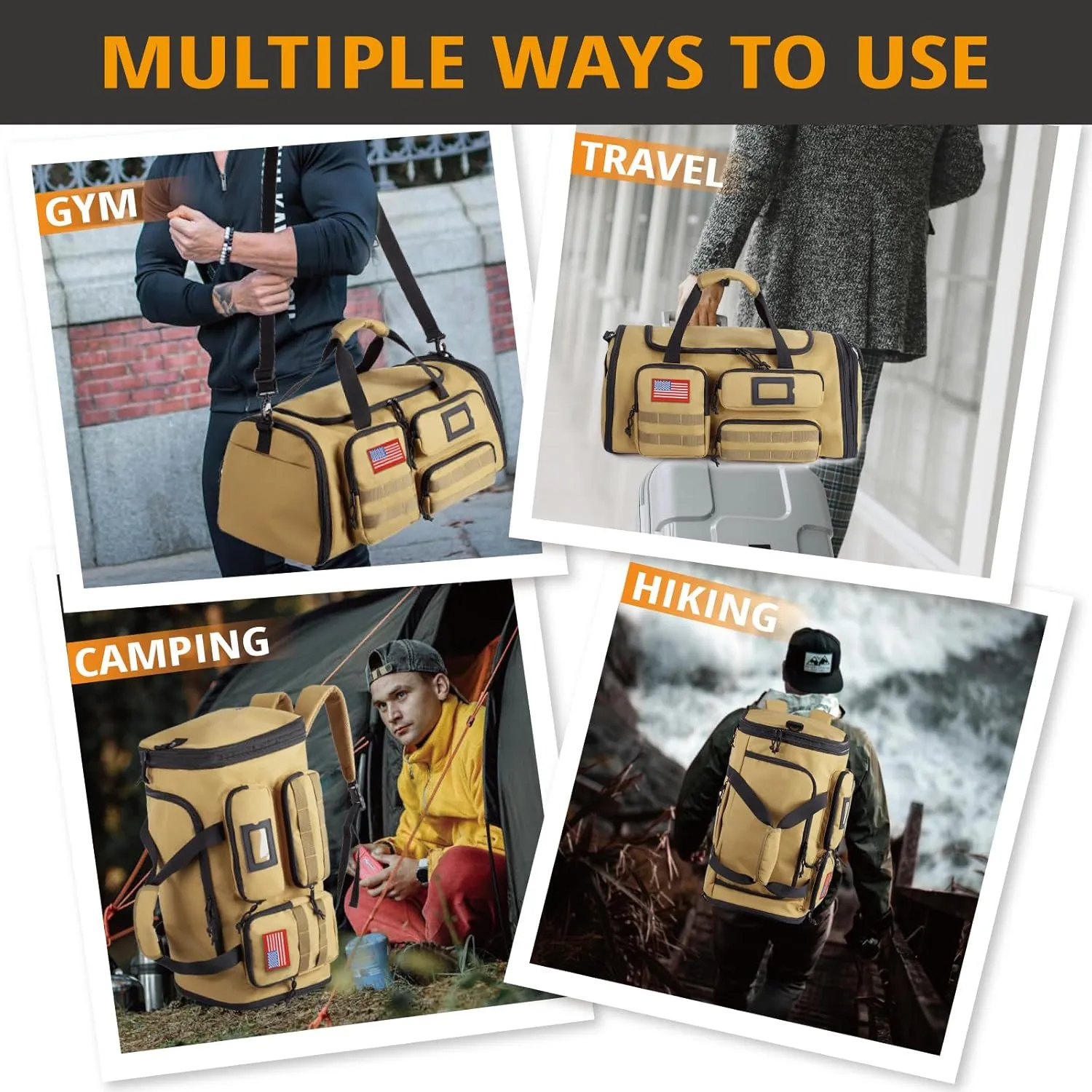 Expandable Gym Bag For Men,Tactical Large 3 in 1 Sports Duffle Bag With Shoes Compartment,Water Resistant Sports Gym Tote Bags Multi-functional Weekend Travel Backpack Overnight Bag