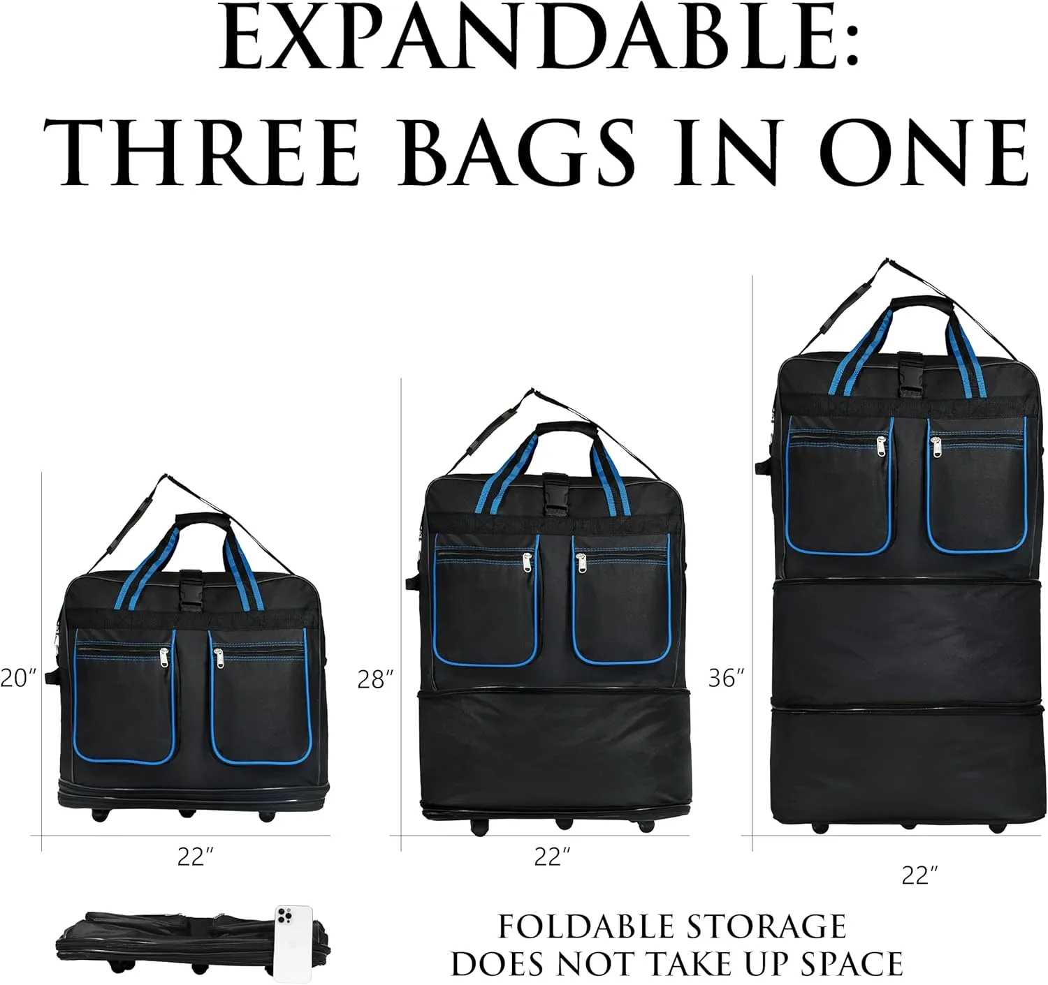 Expandable Lightweight Duffle Bag (36"") Rolling wheeled Spinner Suitcase Luggage for Travel and Storage (Blue with Trim), Wheelbag36