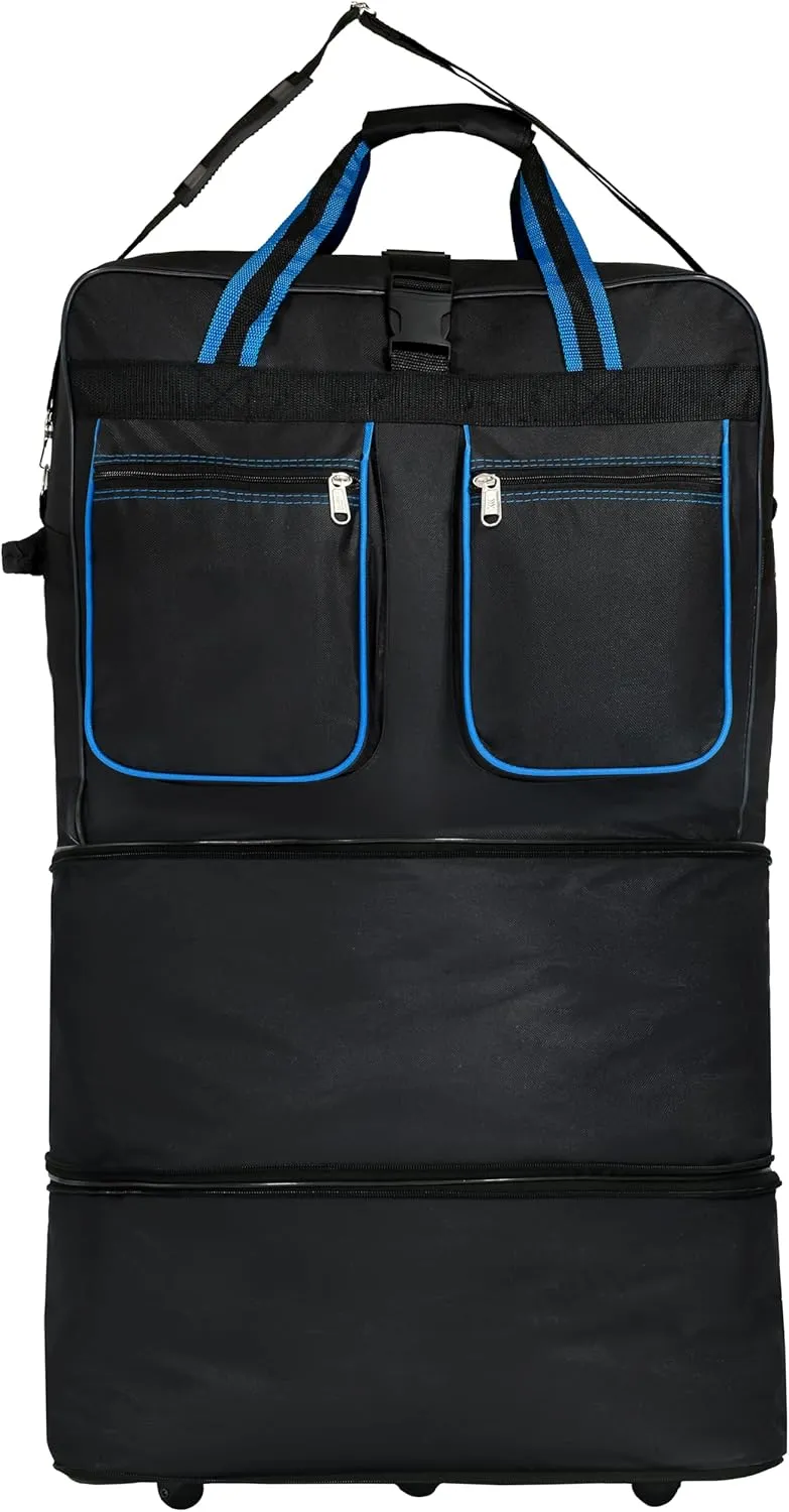 Expandable Lightweight Duffle Bag (36"") Rolling wheeled Spinner Suitcase Luggage for Travel and Storage (Blue with Trim), Wheelbag36