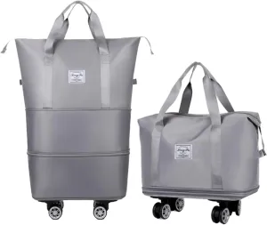 Expandable Rolling Duffel Bag with Wheels and Handles, Foldable Carry on Travel Duffle Luggage Bag, Grey