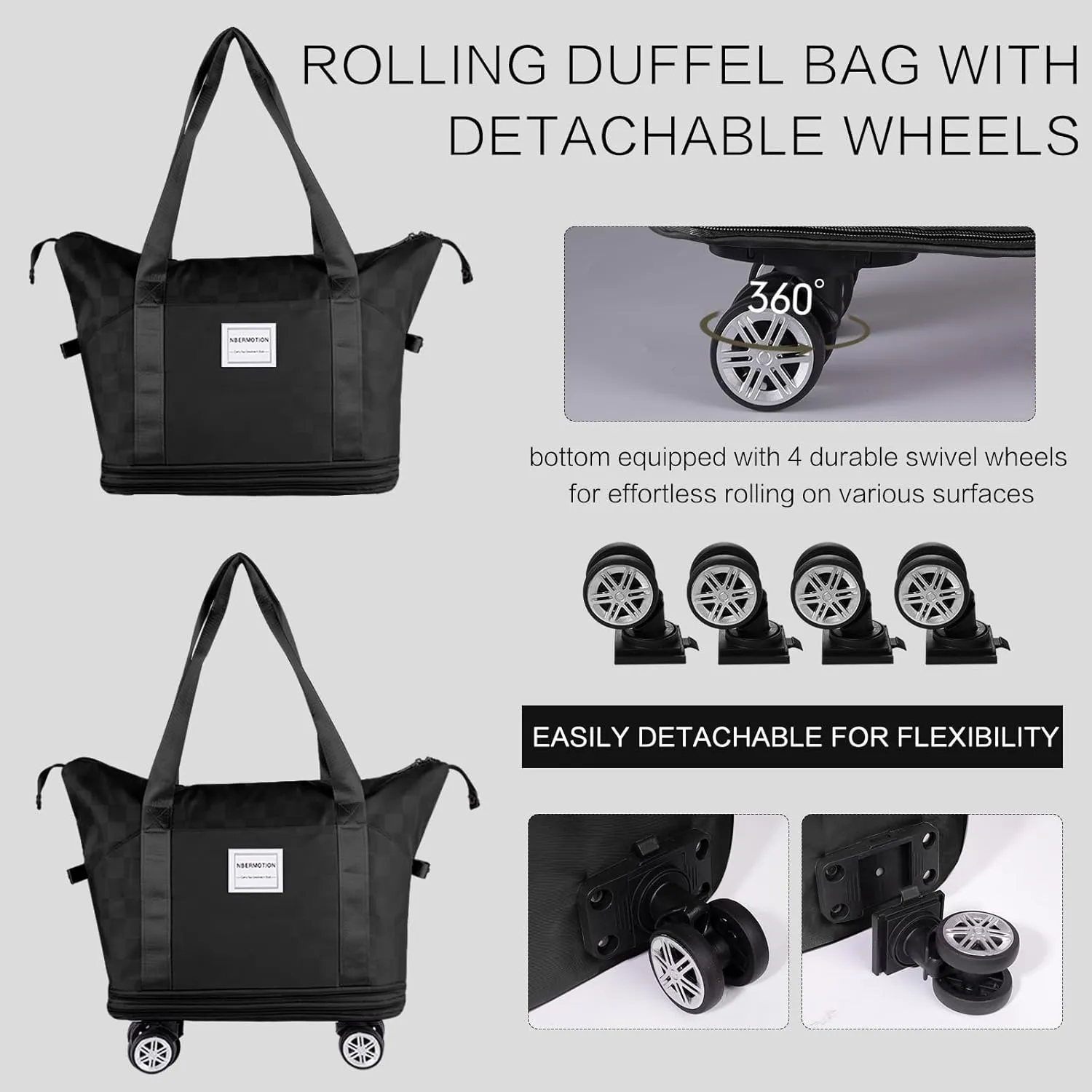 Expandable Rolling Duffle Bag - Large Carry-On With Spinner Wheels, Foldable Weekend Travel Bag, 28-58L Capacity(Black)