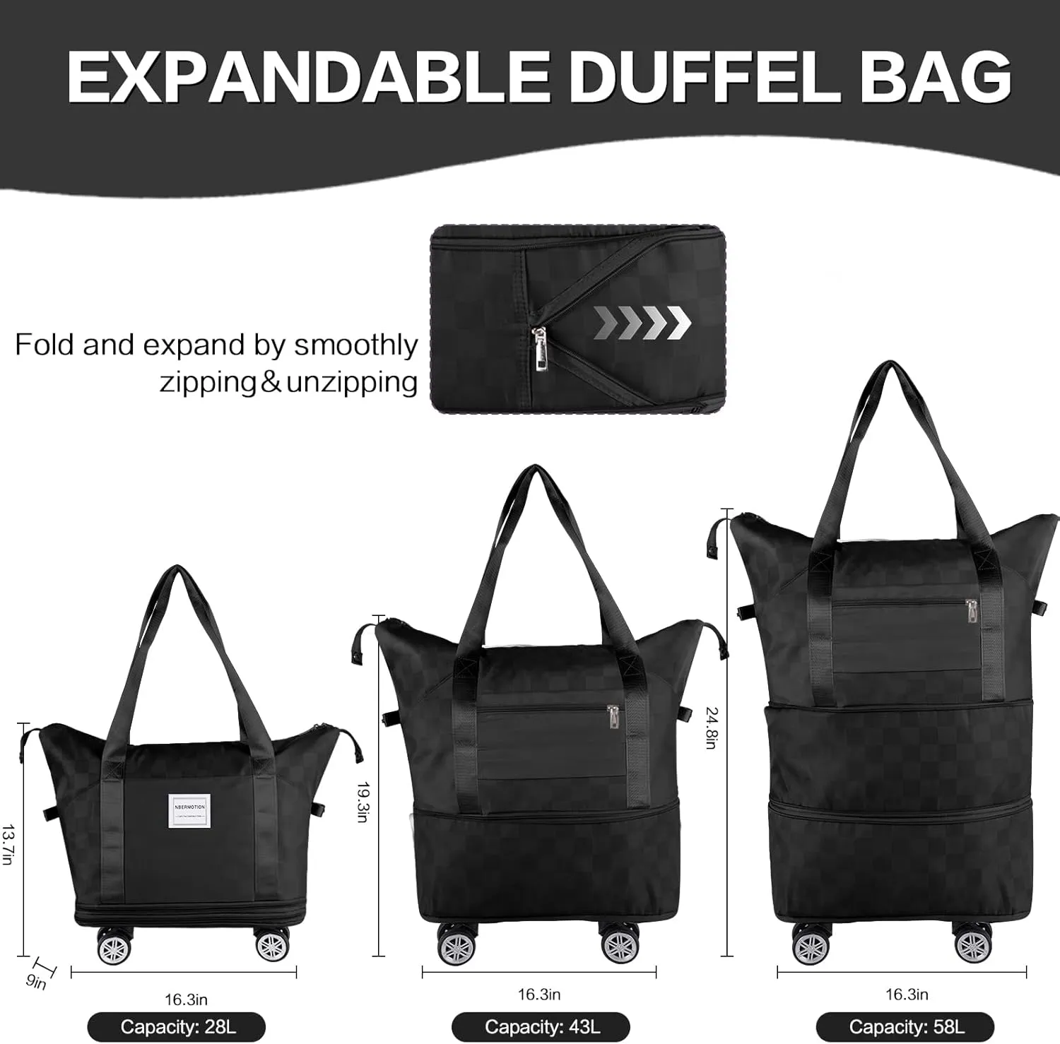 Expandable Rolling Duffle Bag - Large Carry-On With Spinner Wheels, Foldable Weekend Travel Bag, 28-58L Capacity(Black)
