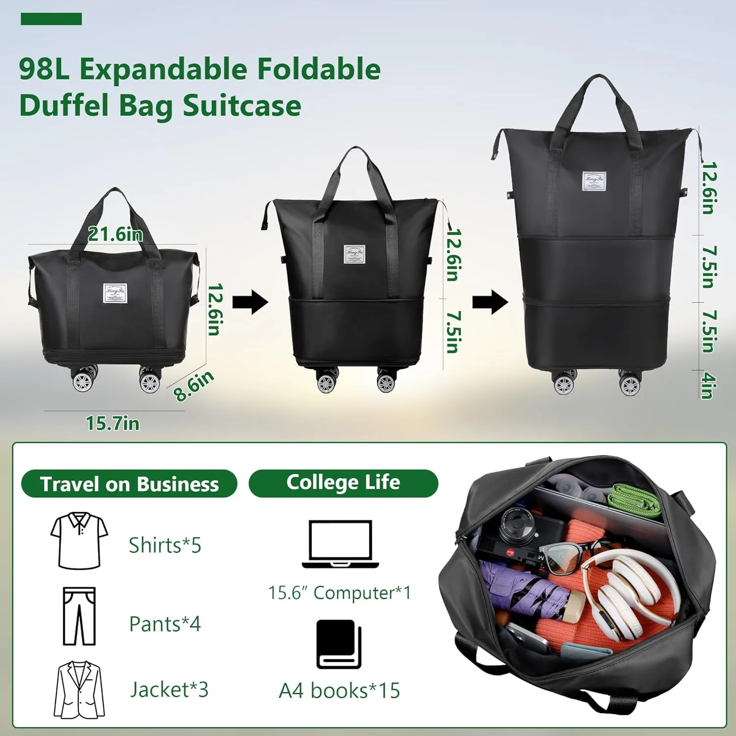 Expandable Suitcase, Folding Travel Bag with Wheels, Weekender Travel Bag for Carry-On, Tote Bag with Storage Space，Large luggage bag for Business Trips, Camping, Short Trips, Fitness