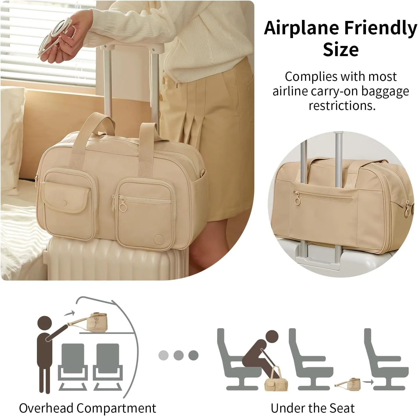 Expandable Travel Duffel Bag, Duffle Bag for Travel with Wet Pocket, Carry on Weekender Bags for Men Women, Water Resistant Gym Duffel Bag Sport Bag (Khaki)