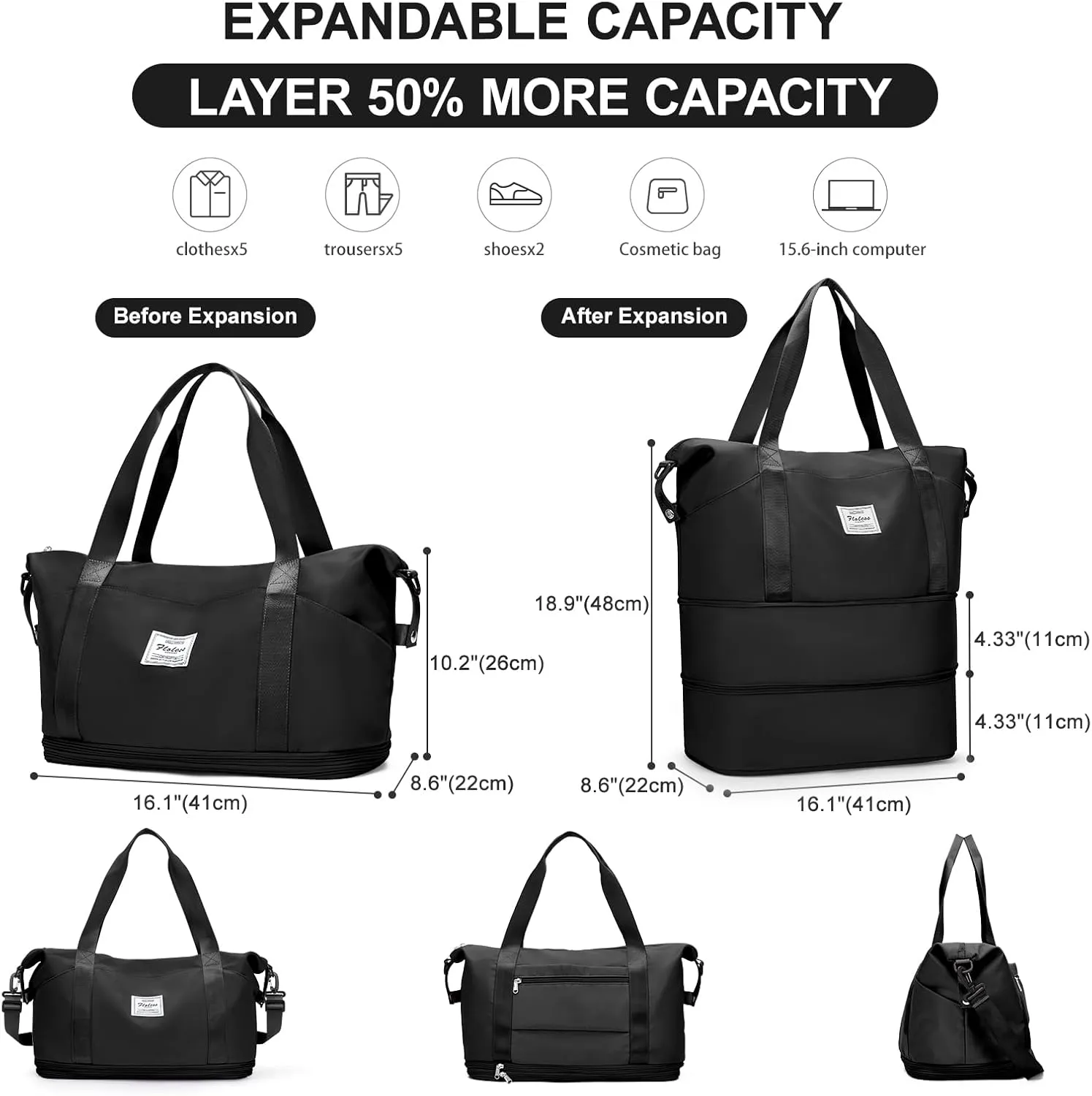 Expandable Travel Duffle Bag for Women Men, Large Gym Bag Travel Tote Bags, Waterproof Carry On Personal Item Bag Airline Approved, Workout Weekender Bag for Overnight Trips with Luggage Sleeve, Black