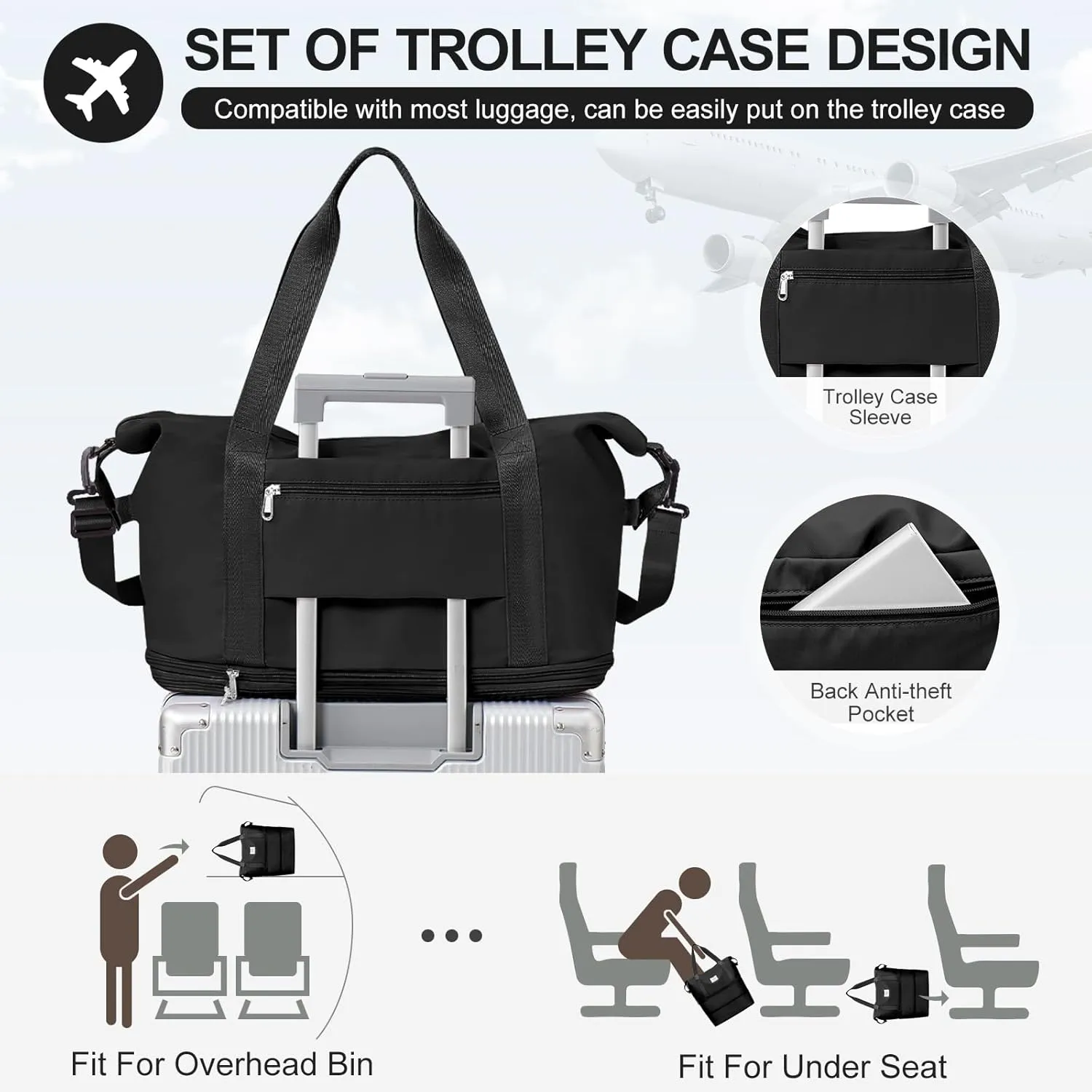 Expandable Travel Duffle Bag for Women Men, Large Gym Bag Travel Tote Bags, Waterproof Carry On Personal Item Bag Airline Approved, Workout Weekender Bag for Overnight Trips with Luggage Sleeve, Black