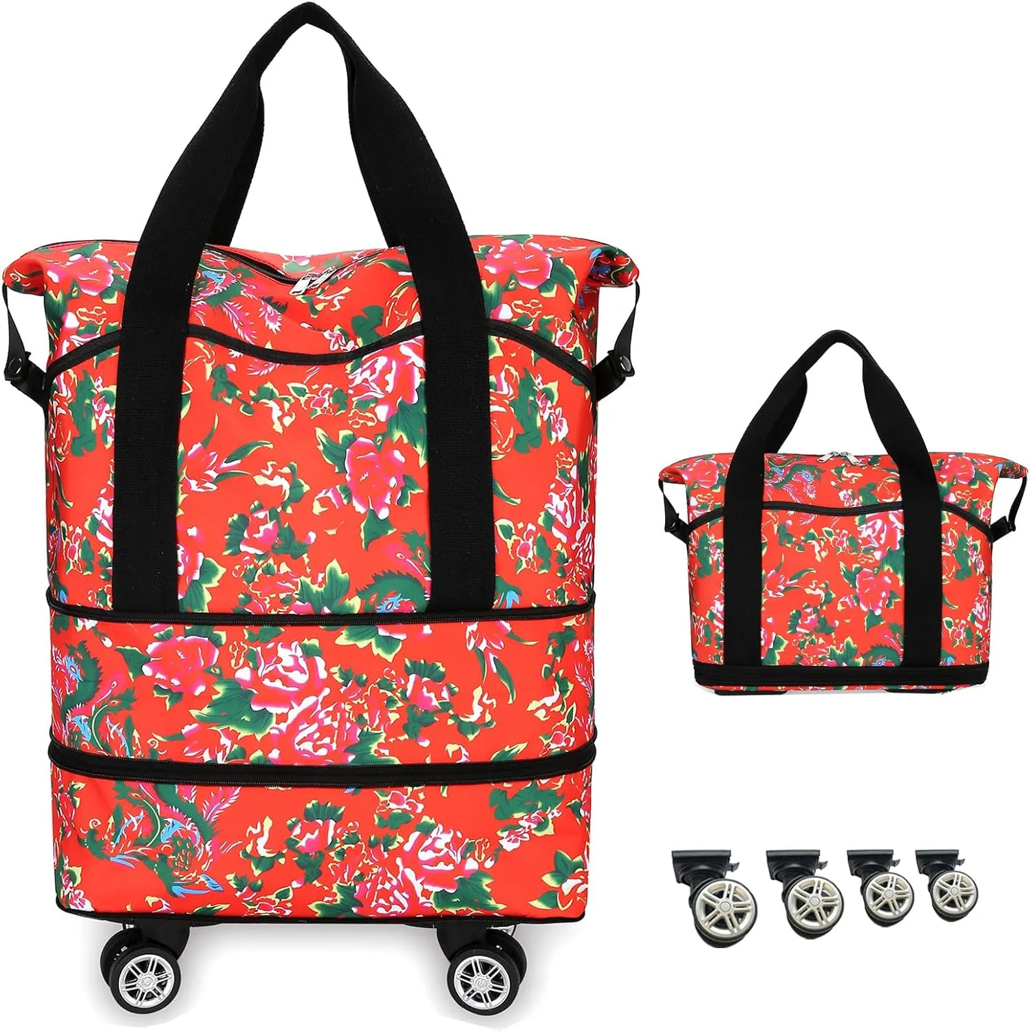 Expandable Travel Tote Bag with Detachable Wheels Rolling Duffel Bag Weekender Carry On Bags for Women 24L-44L (Red Flower)