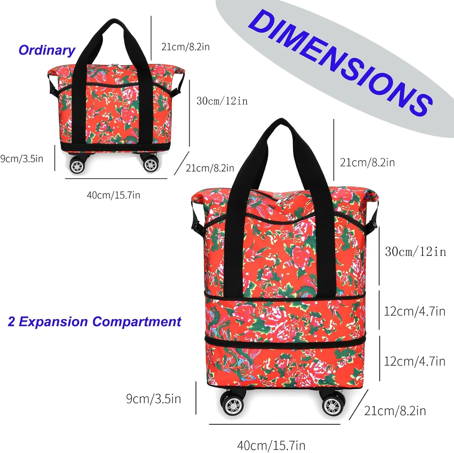 Expandable Travel Tote Bag with Detachable Wheels Rolling Duffel Bag Weekender Carry On Bags for Women 24L-44L (Red Flower)