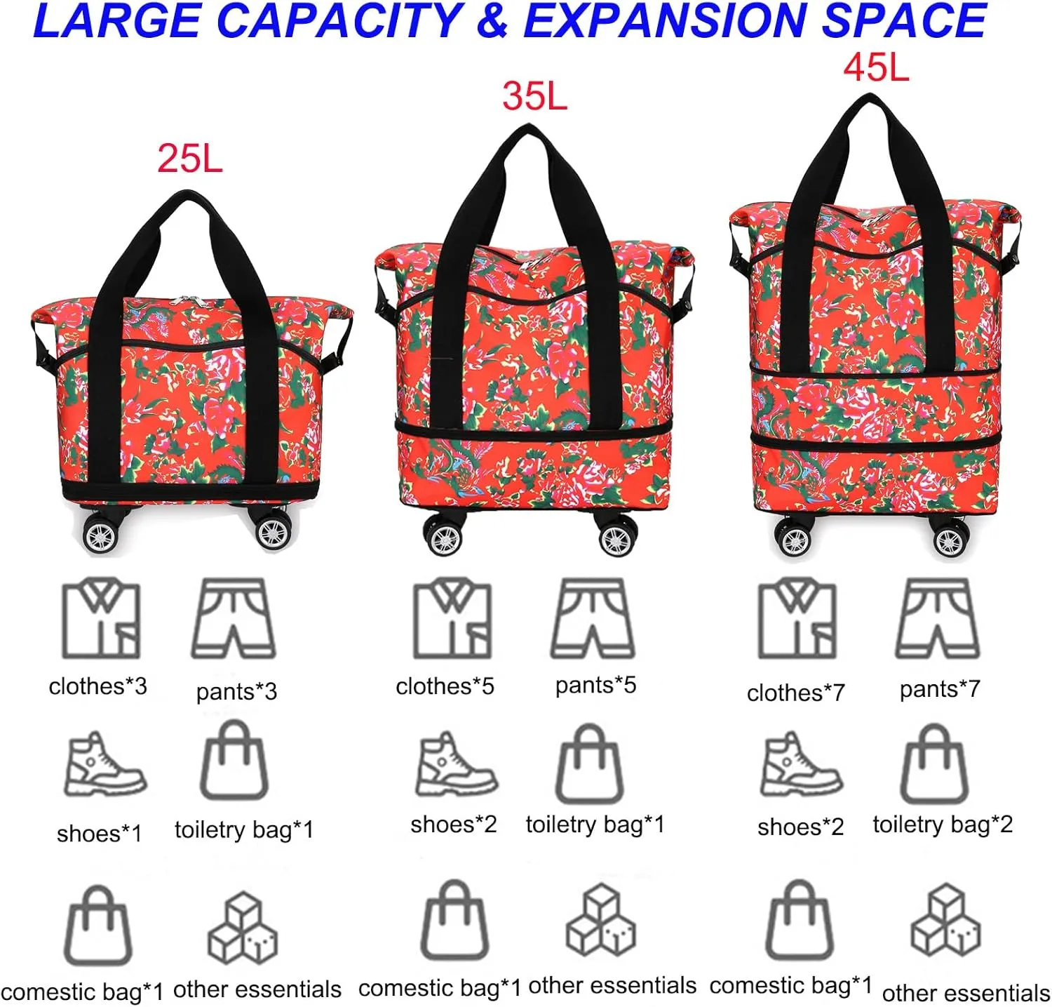 Expandable Travel Tote Bag with Detachable Wheels Rolling Duffel Bag Weekender Carry On Bags for Women 24L-44L (Red Flower)