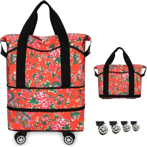 Expandable Travel Tote Bag with Detachable Wheels Rolling Duffel Bag Weekender Carry On Bags for Women 24L-44L (Red Flower)