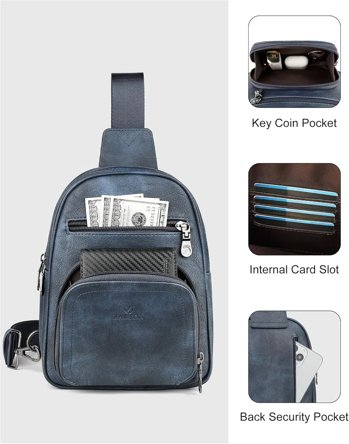 FADEON Women Sling Bags Designer Crossbody Bag, PU Leather Sling Purse Multi-Pocket Packs with Card Slot Suede Blue