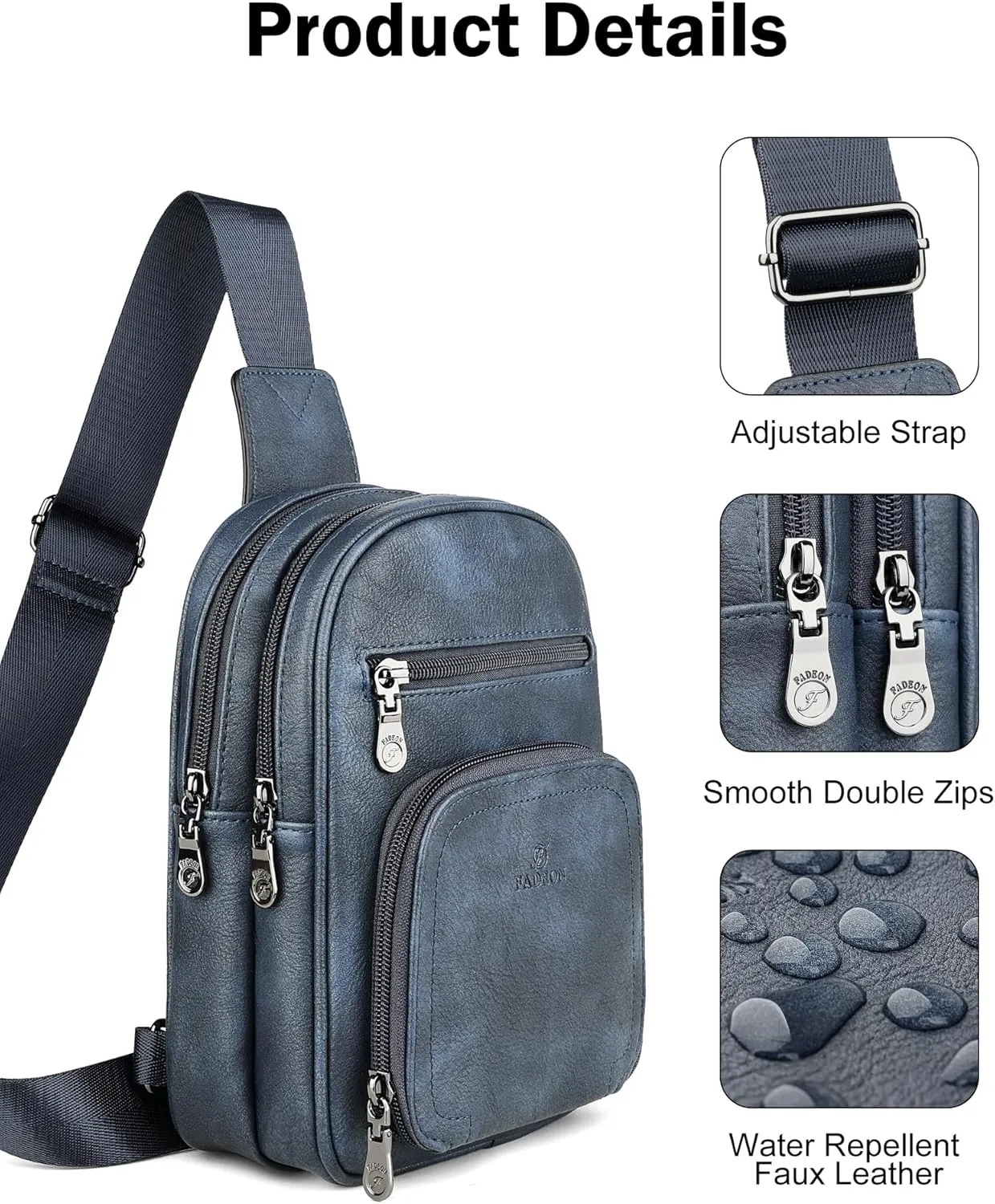 FADEON Women Sling Bags Designer Crossbody Bag, PU Leather Sling Purse Multi-Pocket Packs with Card Slot Suede Blue