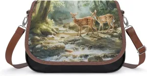 Fairytales Deer Fawn Forests Animal Leather Crossbody Bags for Women Travel Shoulder Backpack Messenger Bag Adjustable Shoulder Strap