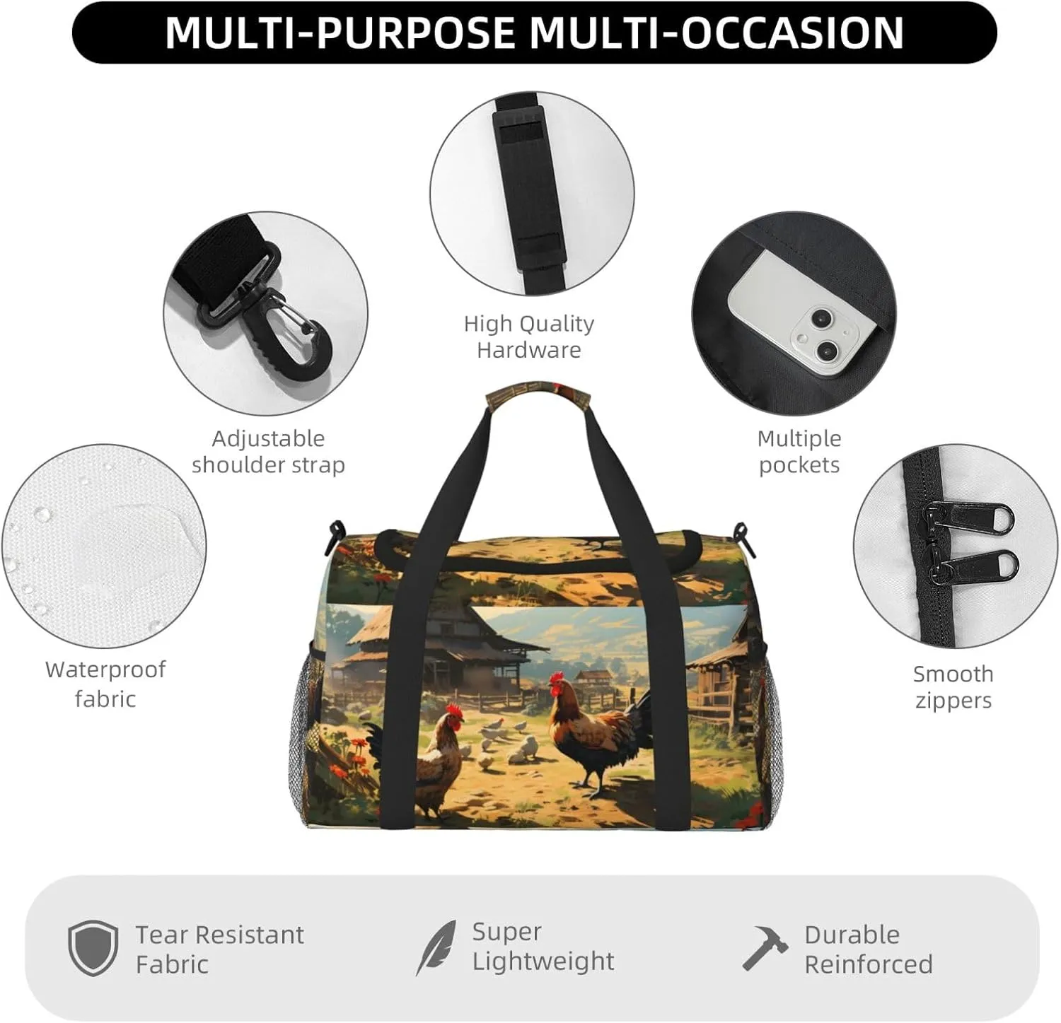 Farm Chicken Village Duffle Bag Foldable Travel Tote Bag Carry On Large Weekender Overnight Bags Waterproof Gym Bag For Women Men
