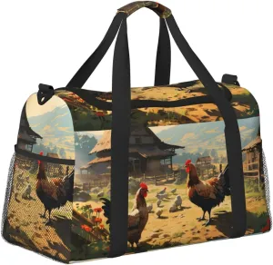 Farm Chicken Village Duffle Bag Foldable Travel Tote Bag Carry On Large Weekender Overnight Bags Waterproof Gym Bag For Women Men