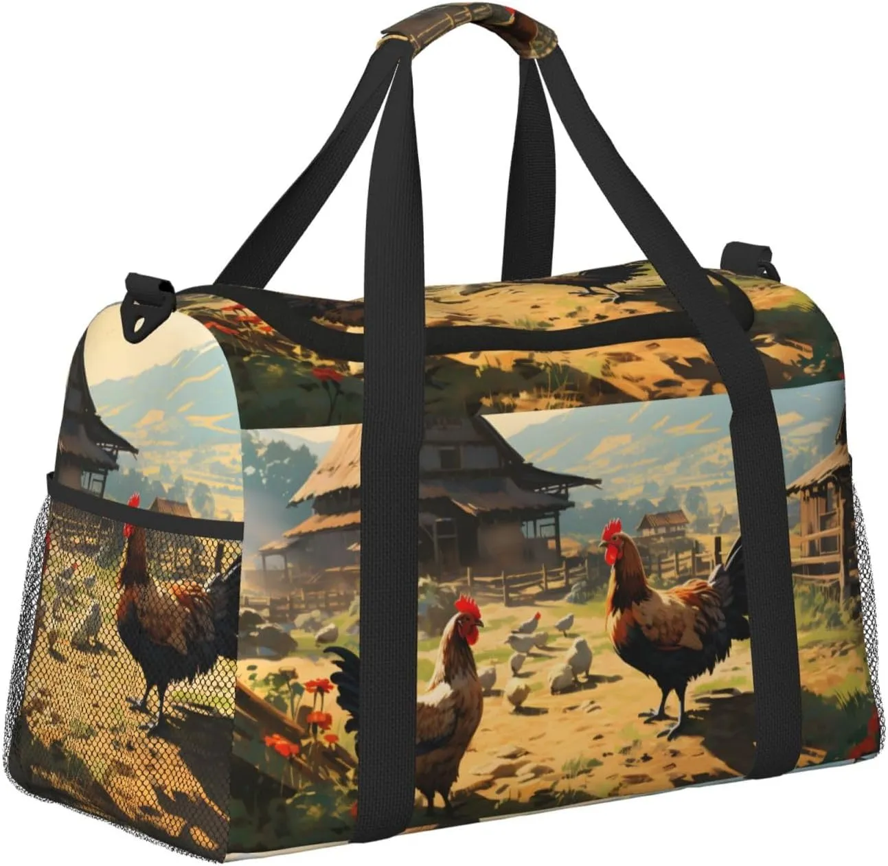 Farm Chicken Village Duffle Bag Foldable Travel Tote Bag Carry On Large Weekender Overnight Bags Waterproof Gym Bag For Women Men