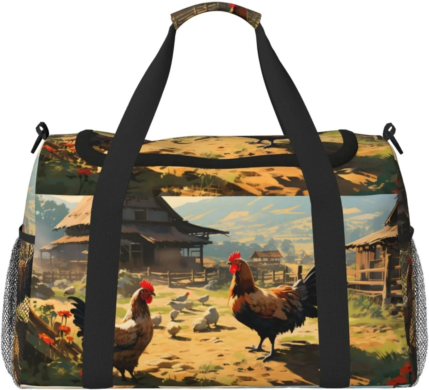 Farm Chicken Village Duffle Bag Foldable Travel Tote Bag Carry On Large Weekender Overnight Bags Waterproof Gym Bag For Women Men