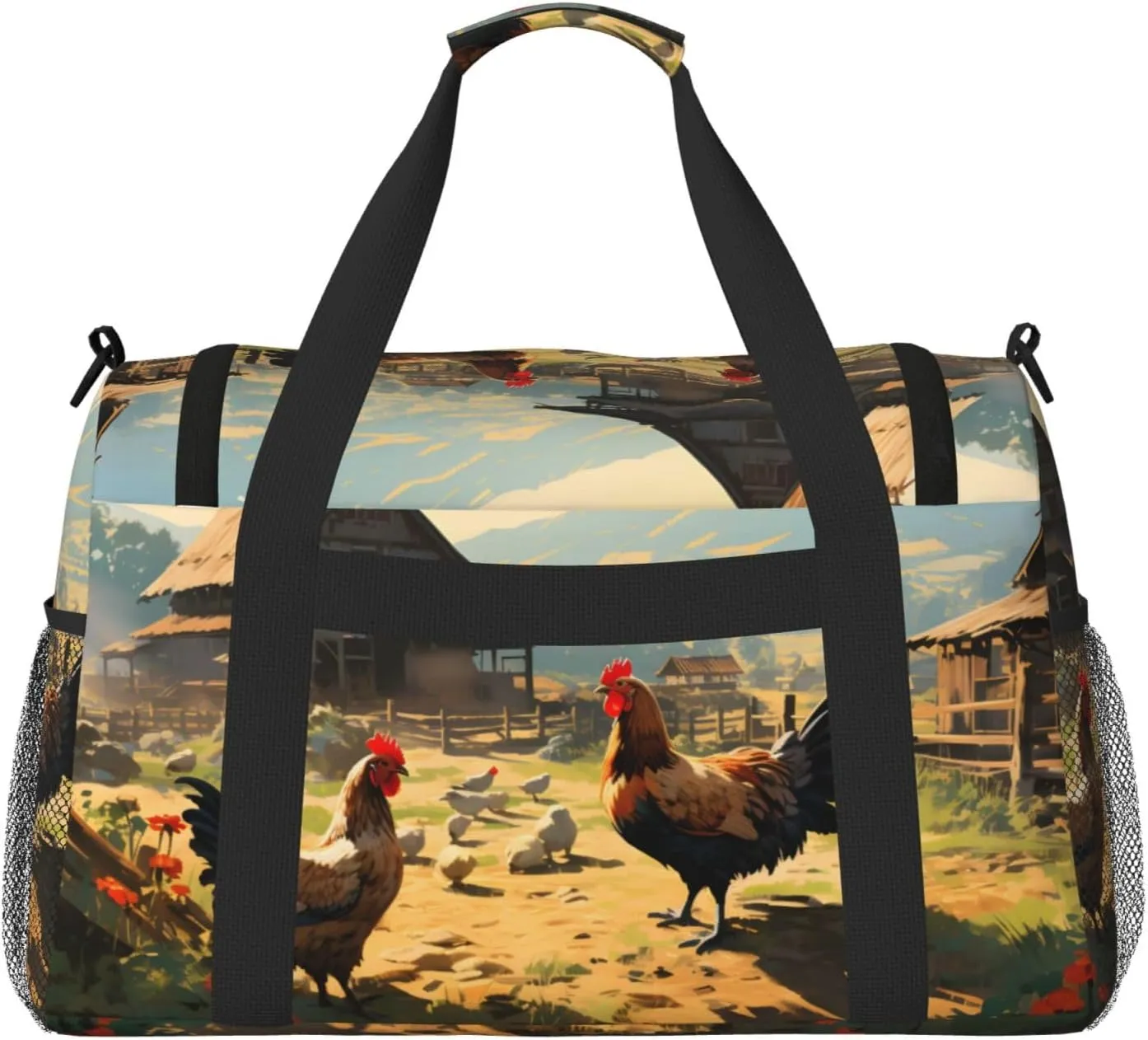 Farm Chicken Village Duffle Bag Foldable Travel Tote Bag Carry On Large Weekender Overnight Bags Waterproof Gym Bag For Women Men