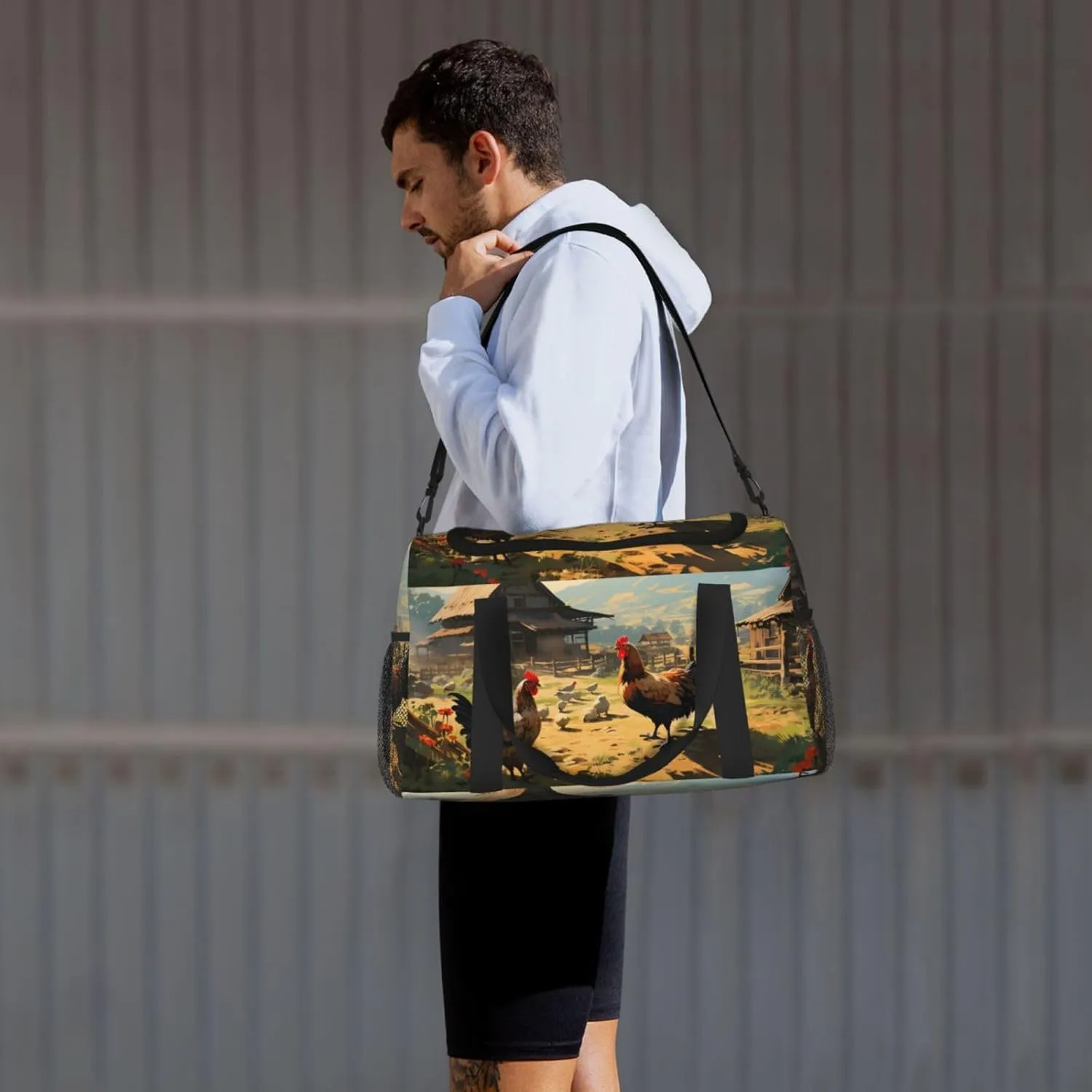Farm Chicken Village Duffle Bag Foldable Travel Tote Bag Carry On Large Weekender Overnight Bags Waterproof Gym Bag For Women Men