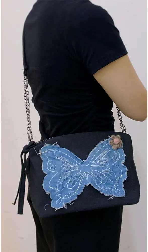 Farm4Far Women Denim Butterfly Canvas Tote Shoulder Sling Hand Bags