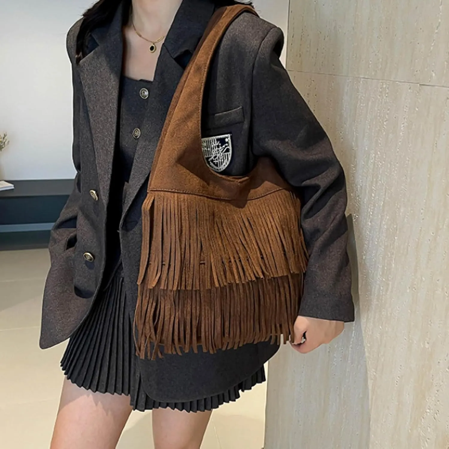 Fashion Tote Top Handle Satchel Fashionable Retro Classic Frosted Tassel Large Capacity Tote Shoulder Bag