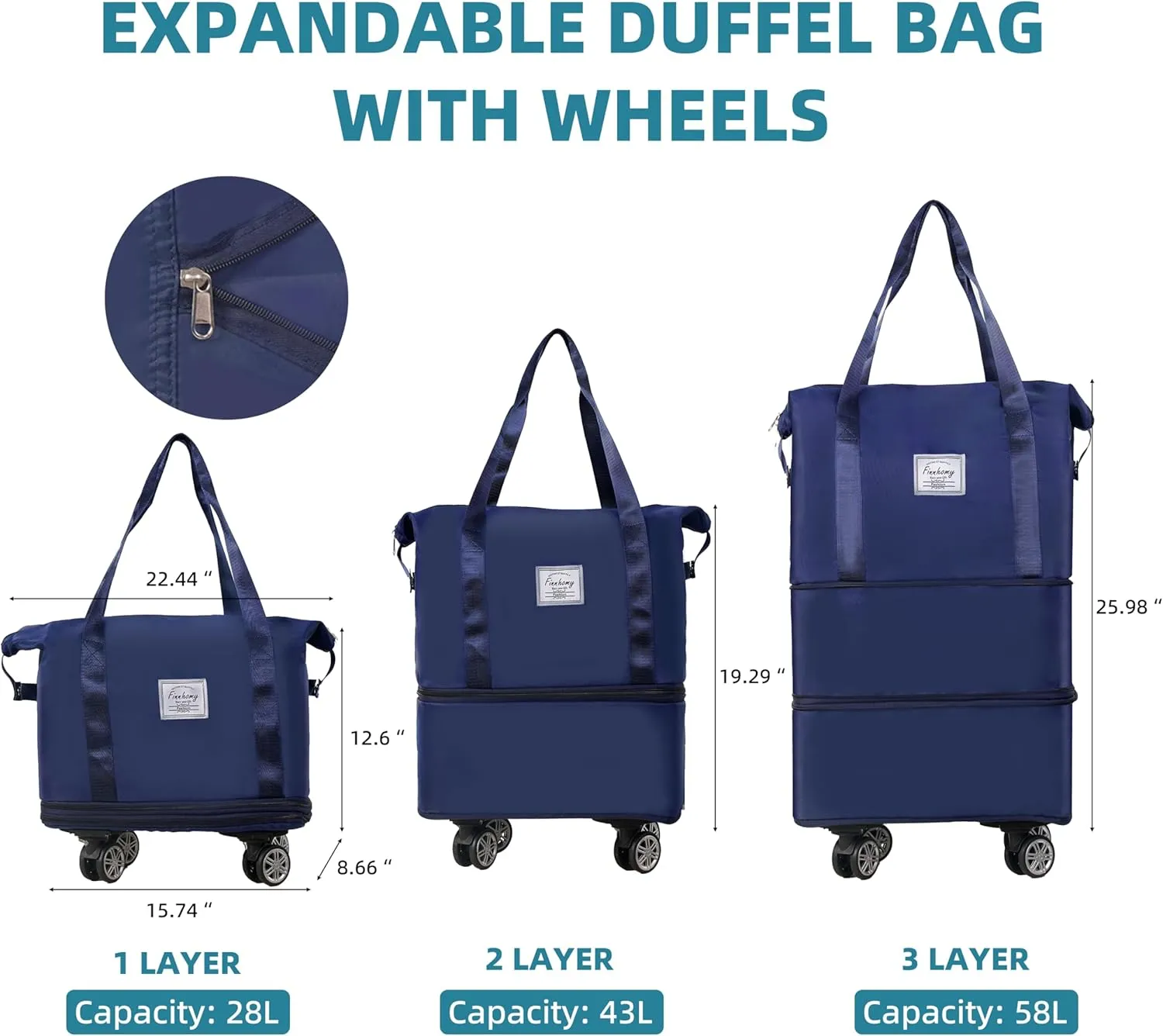Finnhomy 50L Expandable Rolling Duffel Bag with Wheels Foldable Duffel Bag for Travel Carry on Bag with Wheels Luggage Travel bag Detachable Wheel Duffel Bag for Shopping Travel Outdoor, Blue