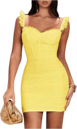 Floerns Women's Lace Trim Sweetheart Neck Ruched Corset Dress Sleeveless Mini Pencil Dresses