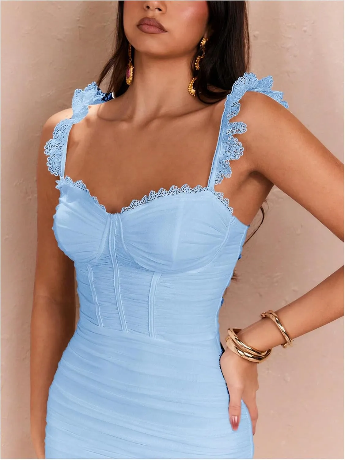 Floerns Women's Lace Trim Sweetheart Neck Ruched Corset Dress Sleeveless Mini Pencil Dresses