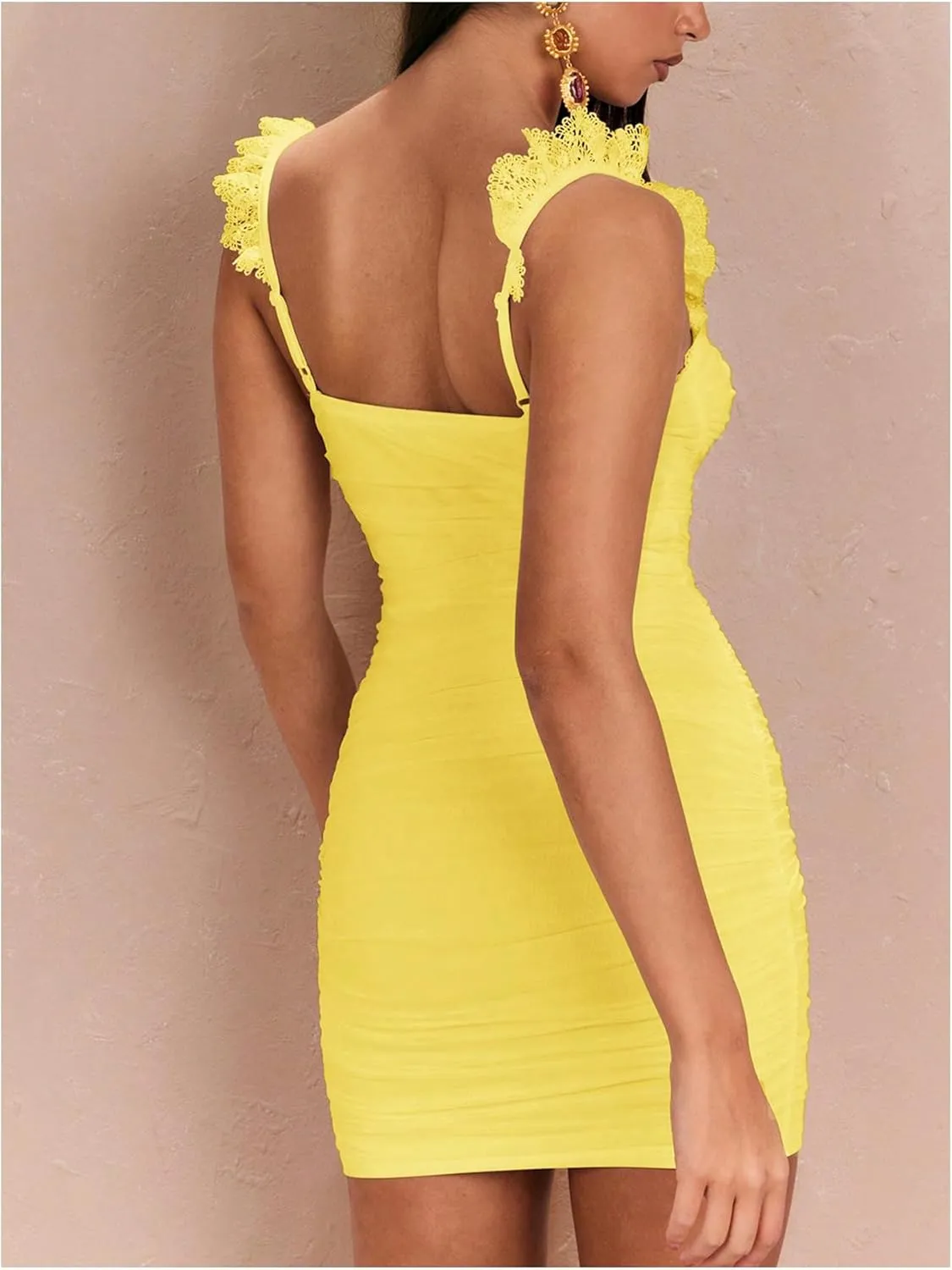 Floerns Women's Lace Trim Sweetheart Neck Ruched Corset Dress Sleeveless Mini Pencil Dresses