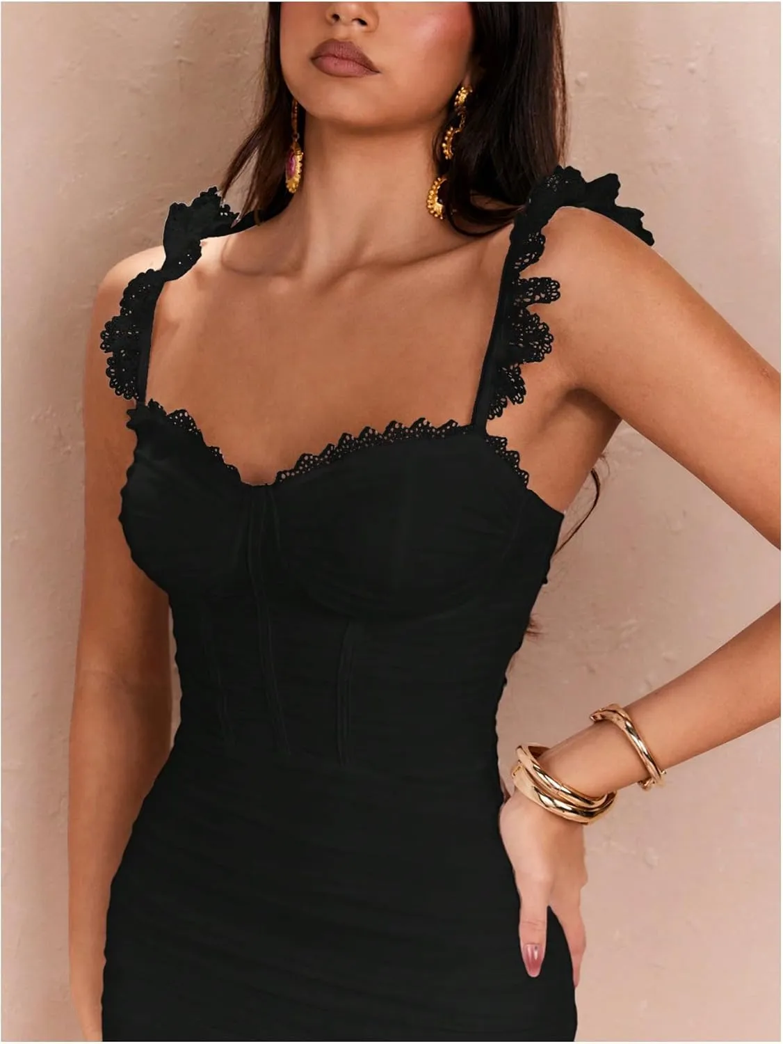 Floerns Women's Lace Trim Sweetheart Neck Ruched Corset Dress Sleeveless Mini Pencil Dresses