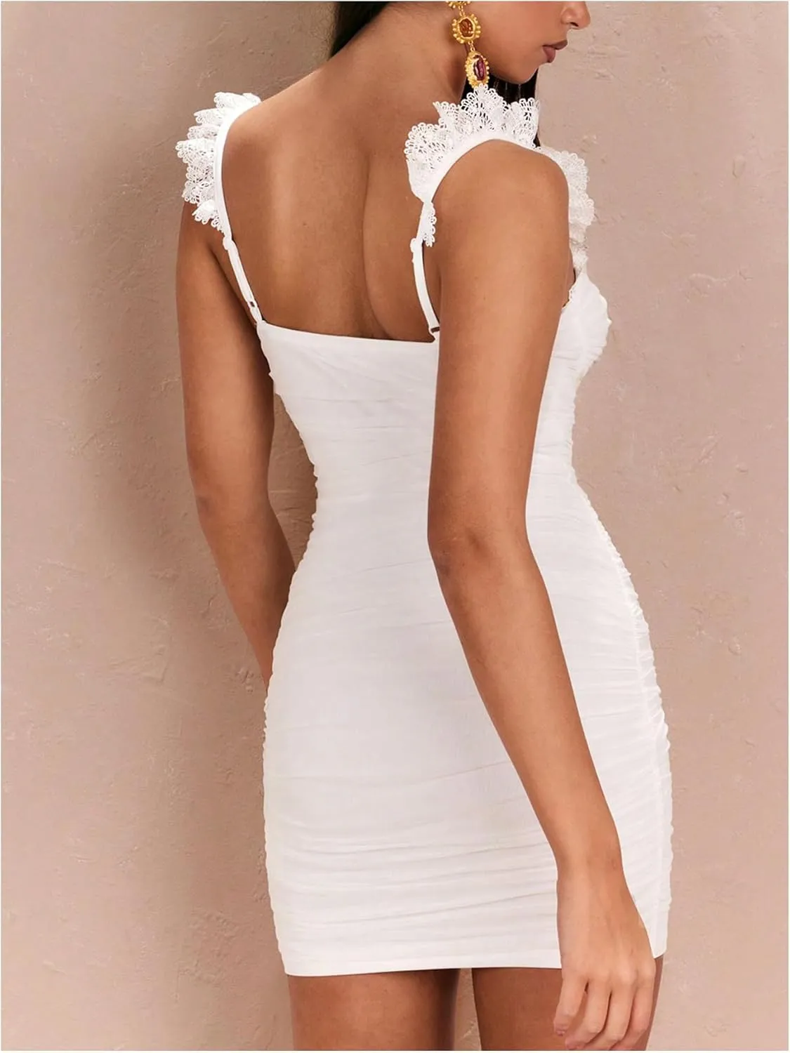 Floerns Women's Lace Trim Sweetheart Neck Ruched Corset Dress Sleeveless Mini Pencil Dresses