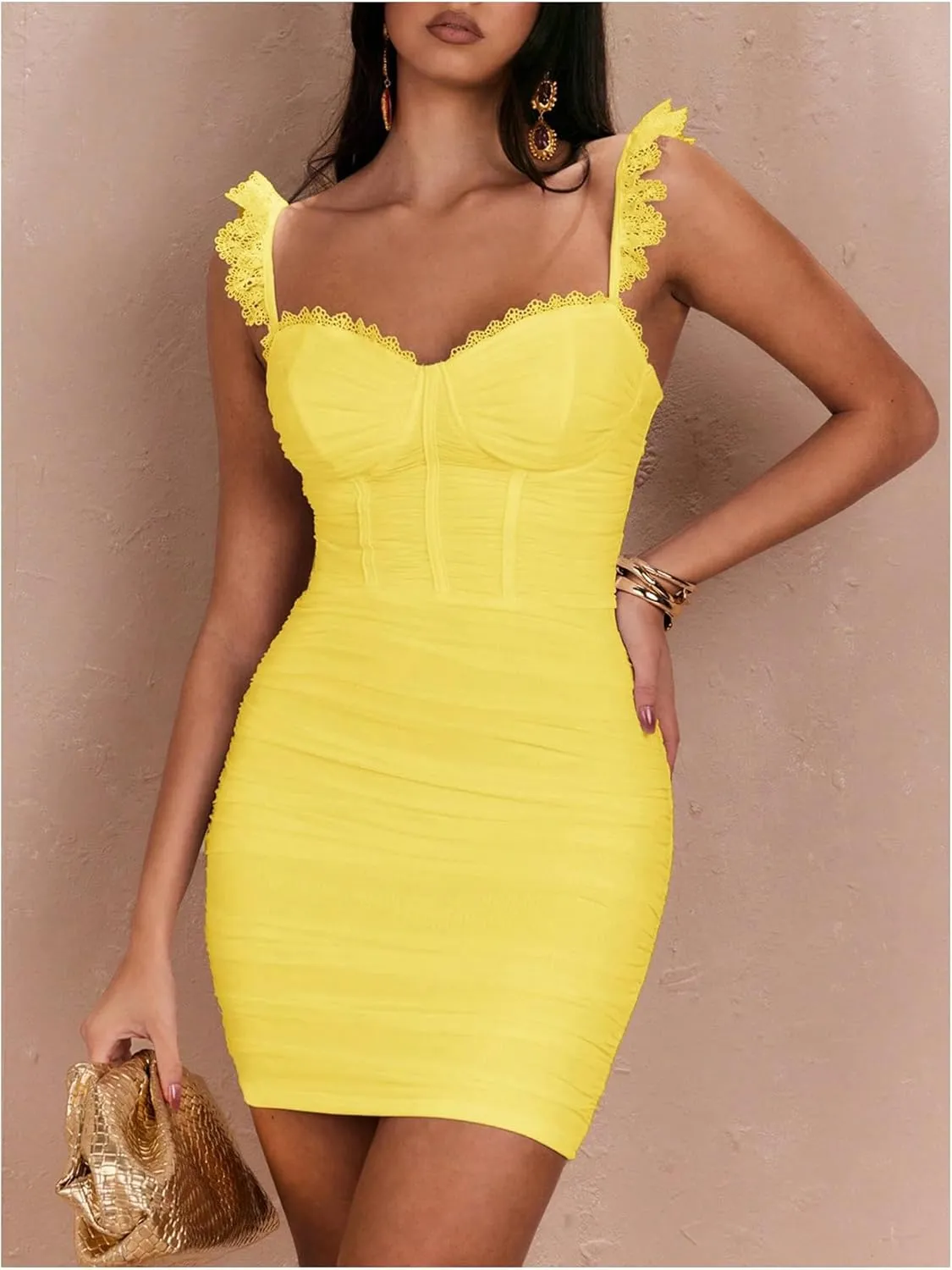 Floerns Women's Lace Trim Sweetheart Neck Ruched Corset Dress Sleeveless Mini Pencil Dresses