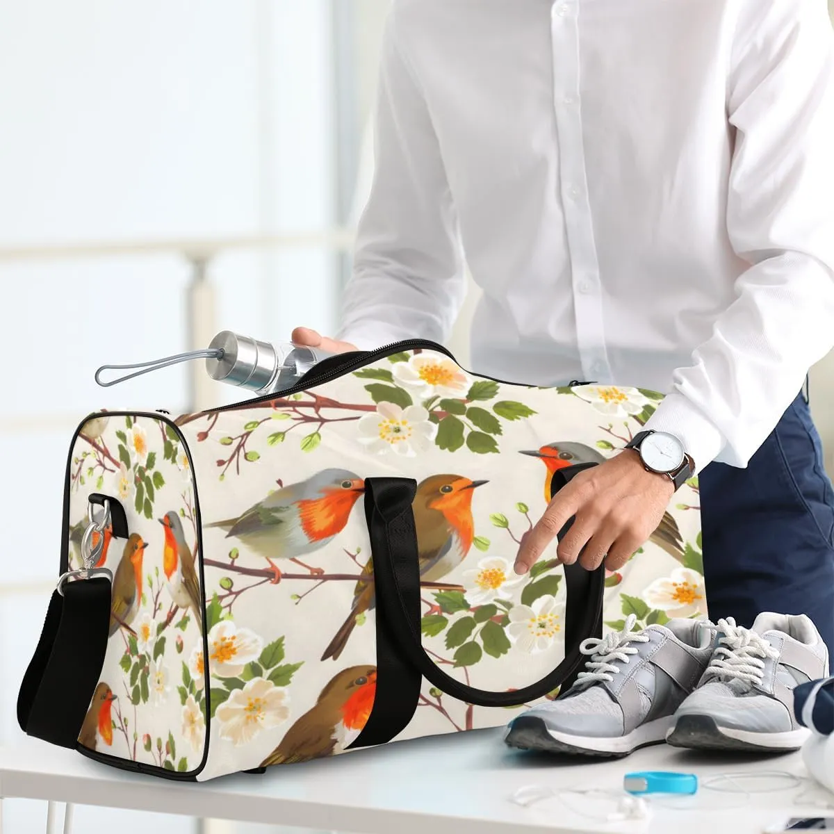Floral Bird Travel Duffle Bag, Sports Gym Bags for Women Men, Carry On Weekender Overnight Workout Airplane Trips Bag