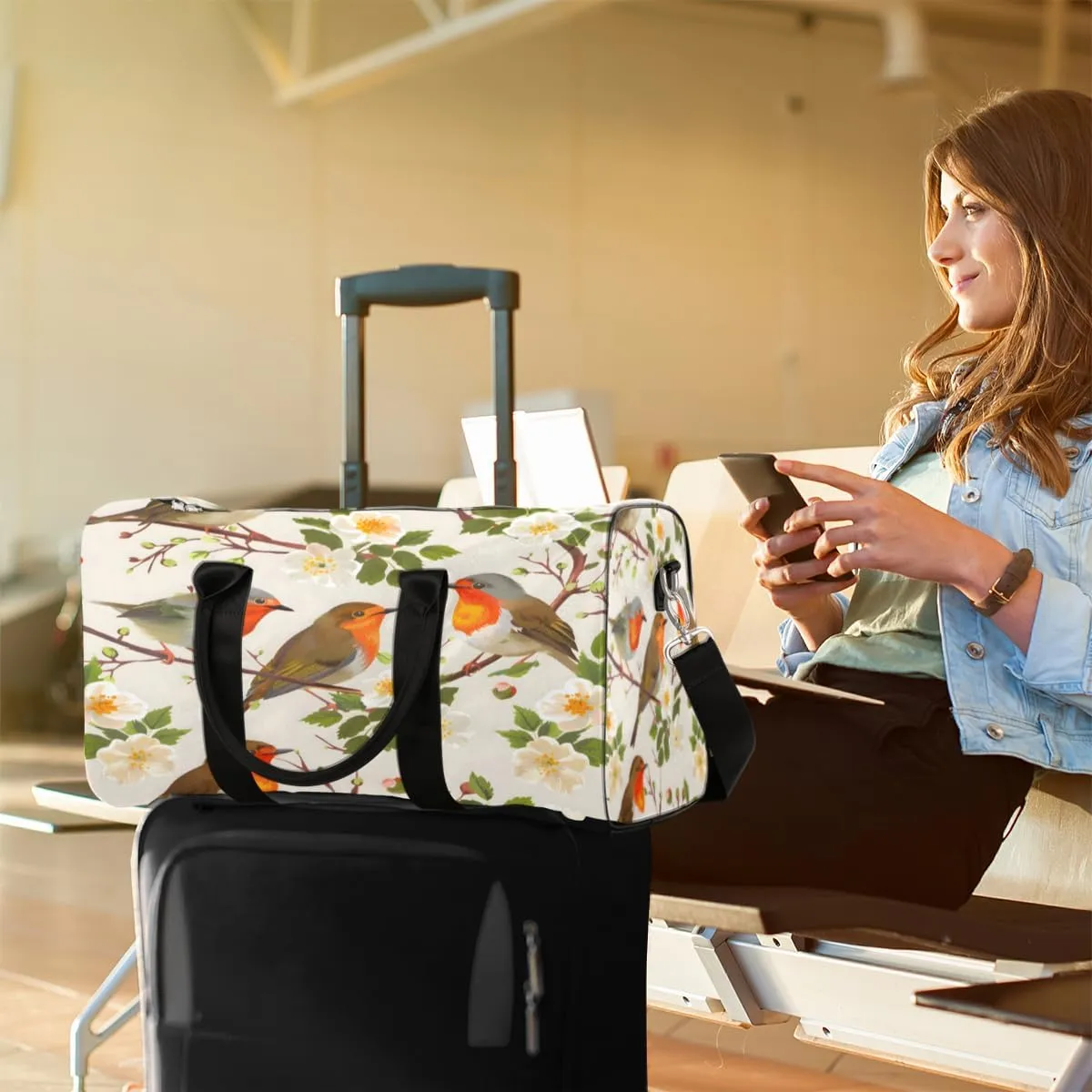 Floral Bird Travel Duffle Bag, Sports Gym Bags for Women Men, Carry On Weekender Overnight Workout Airplane Trips Bag