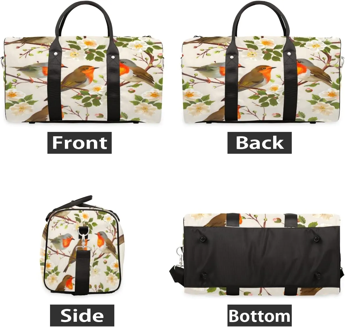 Floral Bird Travel Duffle Bag, Sports Gym Bags for Women Men, Carry On Weekender Overnight Workout Airplane Trips Bag