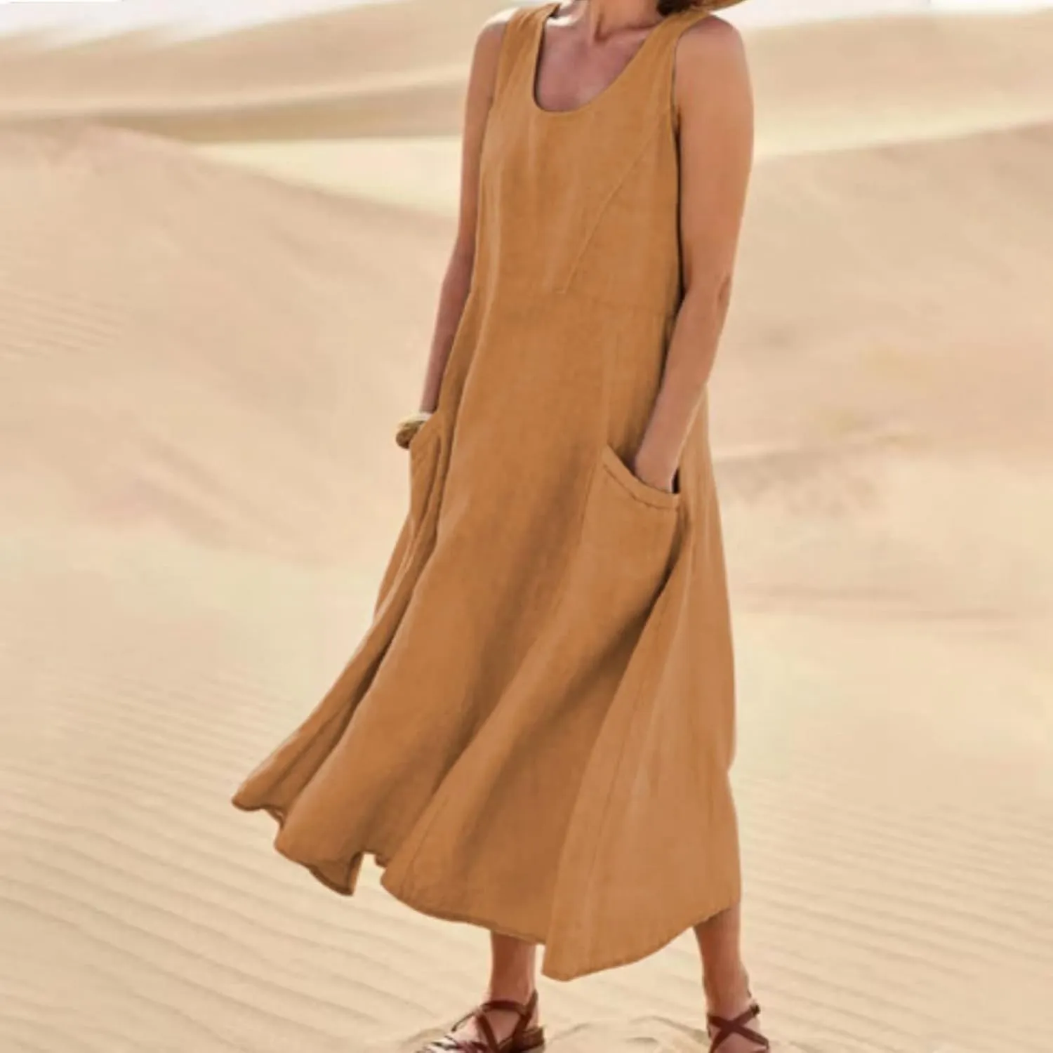 Floral Dresses for Women Summer Beach Sleeveless Sundress Pockets Swing Casual Loose Tshirt Dress